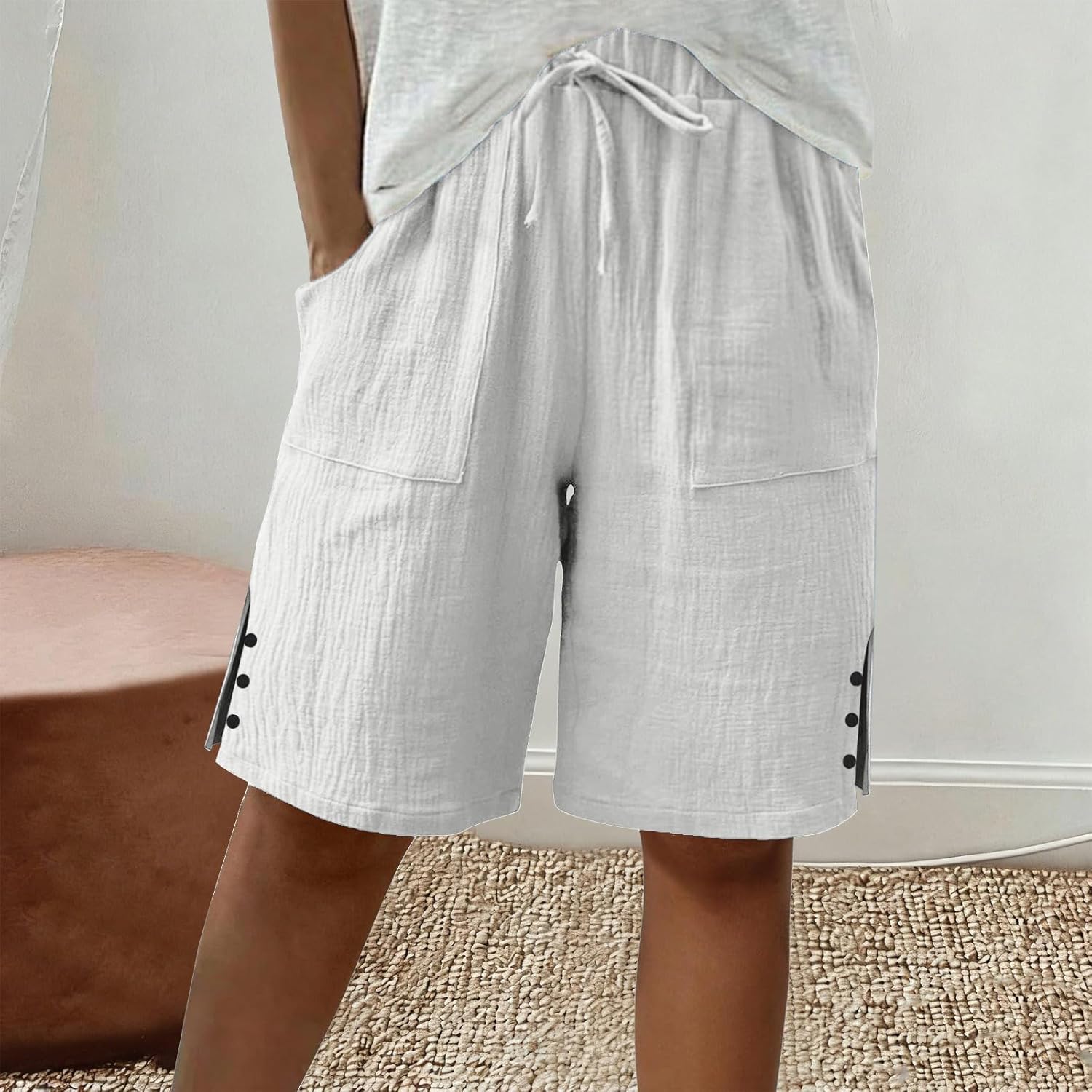 Womens Bermuda Shorts Summer Casual Wide Leg Knee Length High Waisted Cotton Long Shorts with Pockets Beach Outfits - Image 2