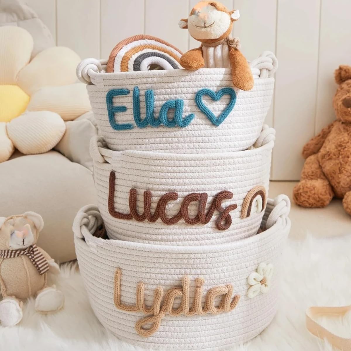 Personalized Baby Basket Rope Embroidered Cotton Baby Gifts Newborn Presents Storage Bag Toy Organizer For Kids (24 * 18cm)