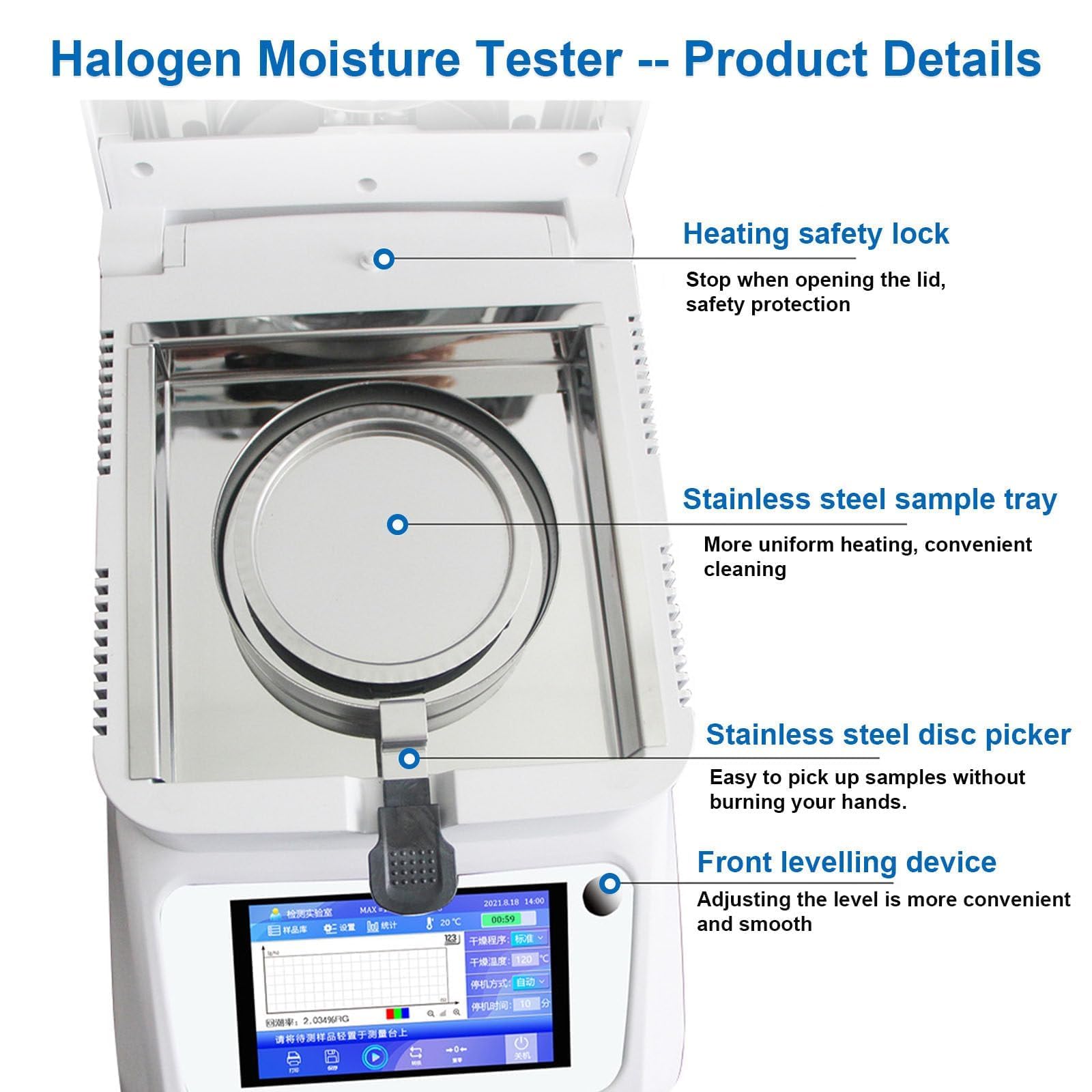 Humidimètre halogène, précision de 0,01 %, réglable de 40 à 230 °C, testeur rapide pour aliments, plantes, matériaux de construction, capacité maximale de 120 g