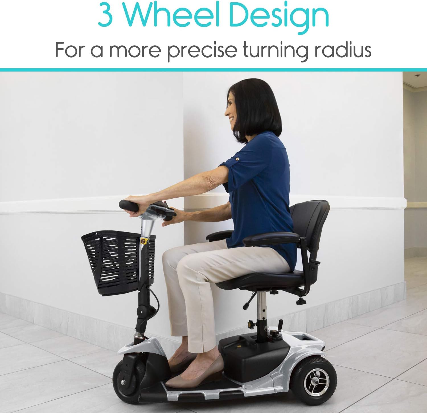 Vive 3-Wheel Mobility Scooter - Electric Powered Mobile Wheelchair Device for Adults - Folding, Collapsible and Compact for Travel - Long Range Power Extended Battery with Charger and Basket Included : Health & Household