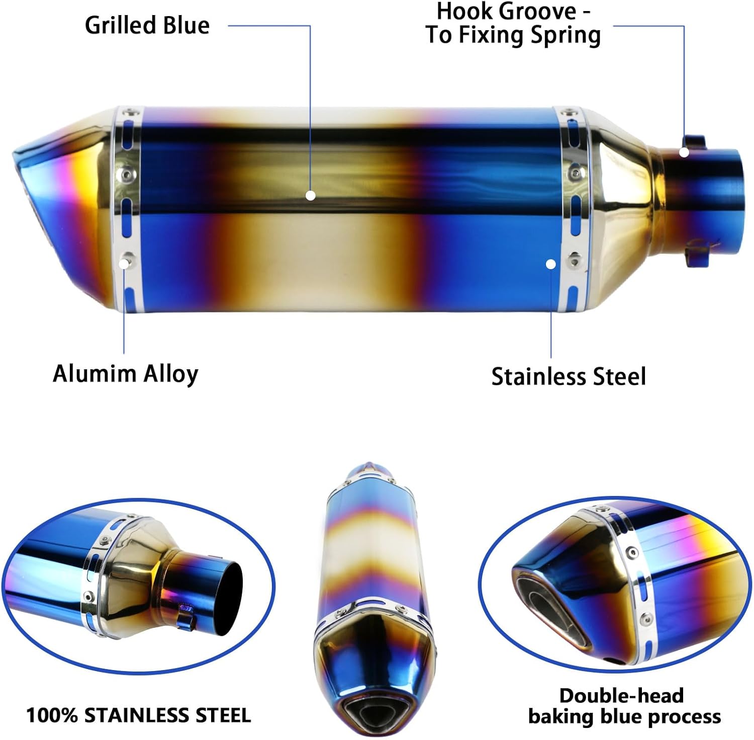 PACEWALKER Motorcycle Slip On Muffler, 1.5-2" Universal Motorcycle Exhaust with Removable DB Killer for Street/Sport Motorcycles and Scooters, Dirt Bike ATV Street Bike 38-51mm Inlet(Grilled Blue)
