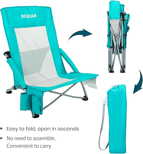 Miniatura 6 de XGEAR Silla de playa plegable de respaldo alto con bolsa enfriadora desmontable, respaldo alto de malla, silla de arena para playa, césped,