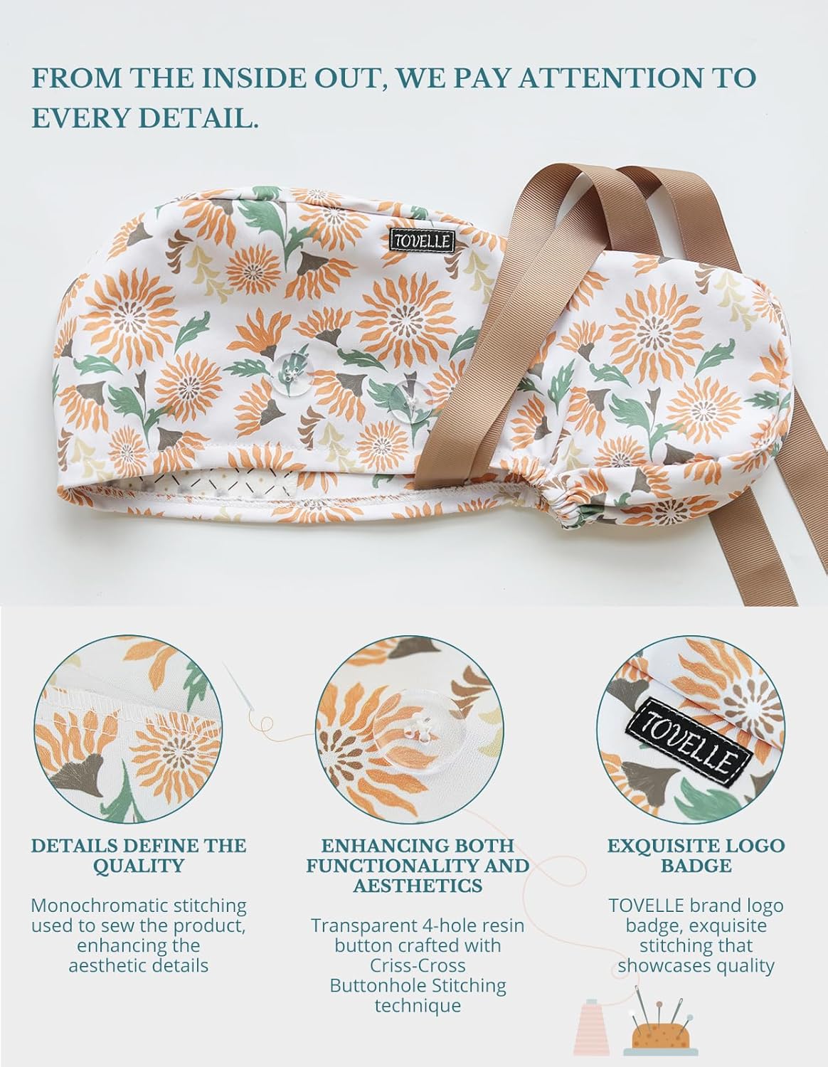 Scrub Caps Women Ponytail – Floral Sunshine Double-Sided Printed Surgical Hat with Buttons and Sweatband, Soft Nurse Cap for Long Hair, Helps Reduce Static Buildup - Image 2