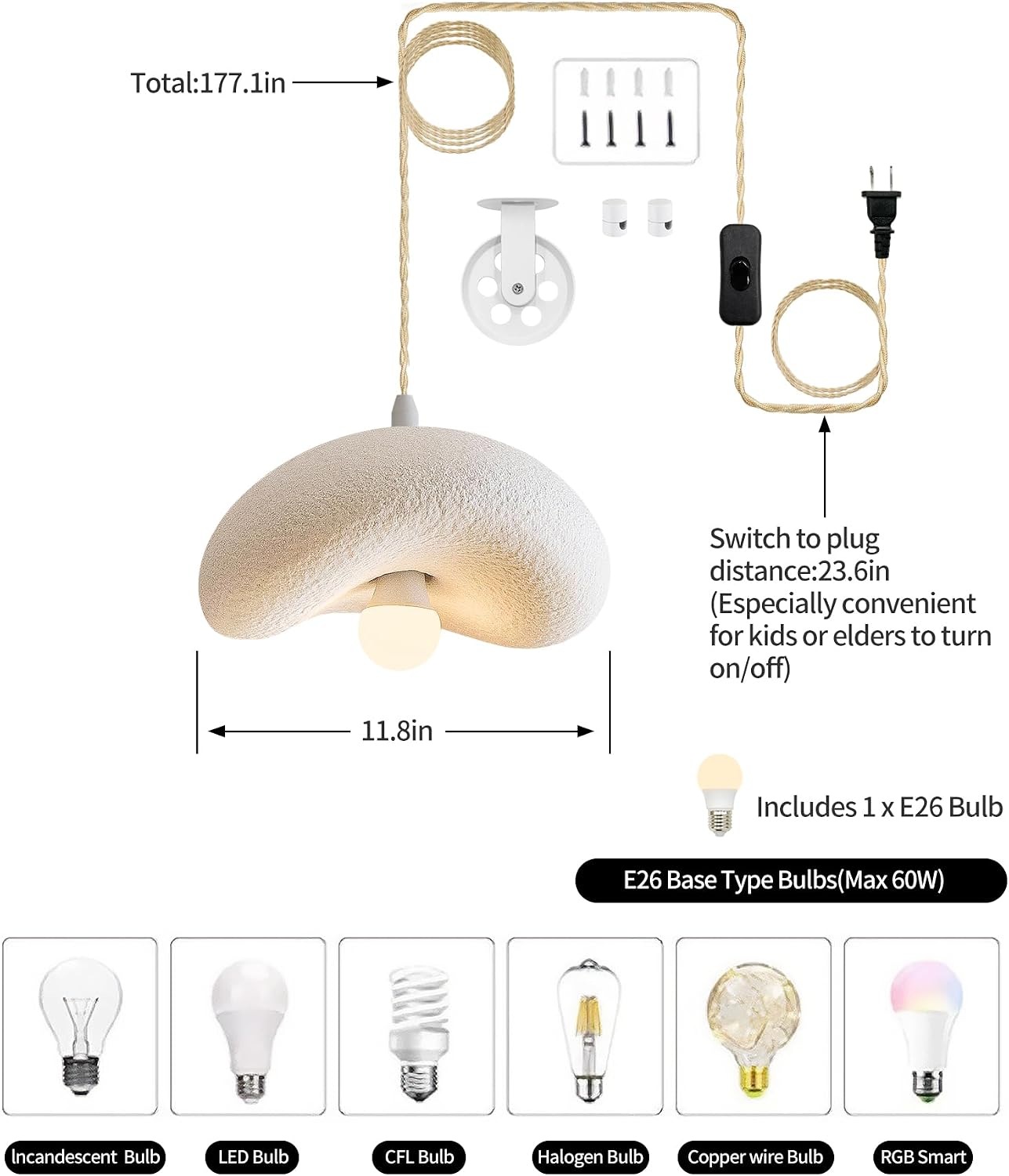MODIVO Wabi-Sabi Plug-in Pendant Light for Dining Room Kitchen Island Hallway Restaurant Lighting Fixture, White Modern Hanging Lamp Japandi Chandelier Bedroom Decor with Plug in Cord 11.8in