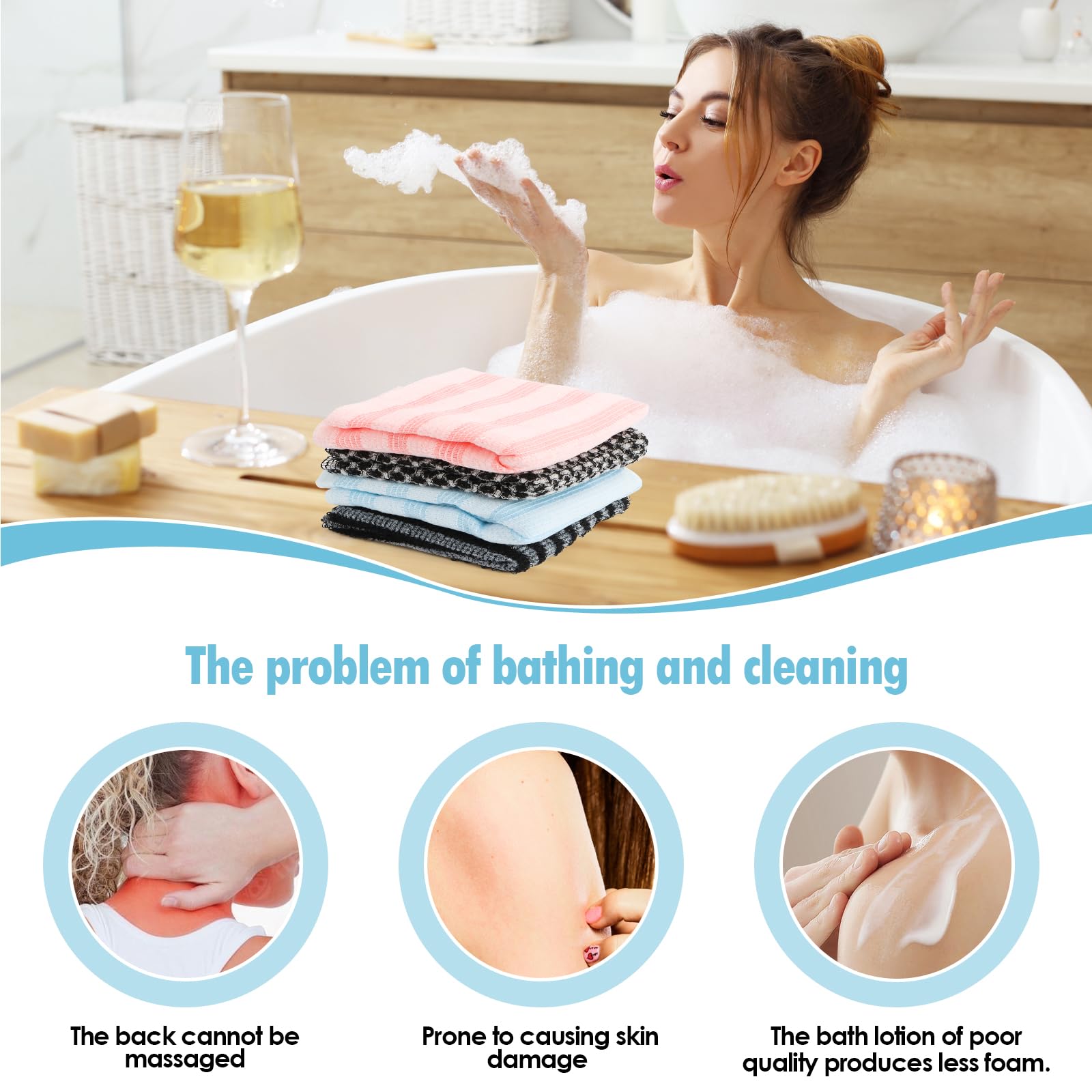 Exfoliating Shower Towel, 4 unidades de toallas exfoliantes japonesas, toallas de ducha exfoliantes extralargas, toalla exfoliante de dos caras para limpieza, spa, baño y ducha, hombres y mujeres