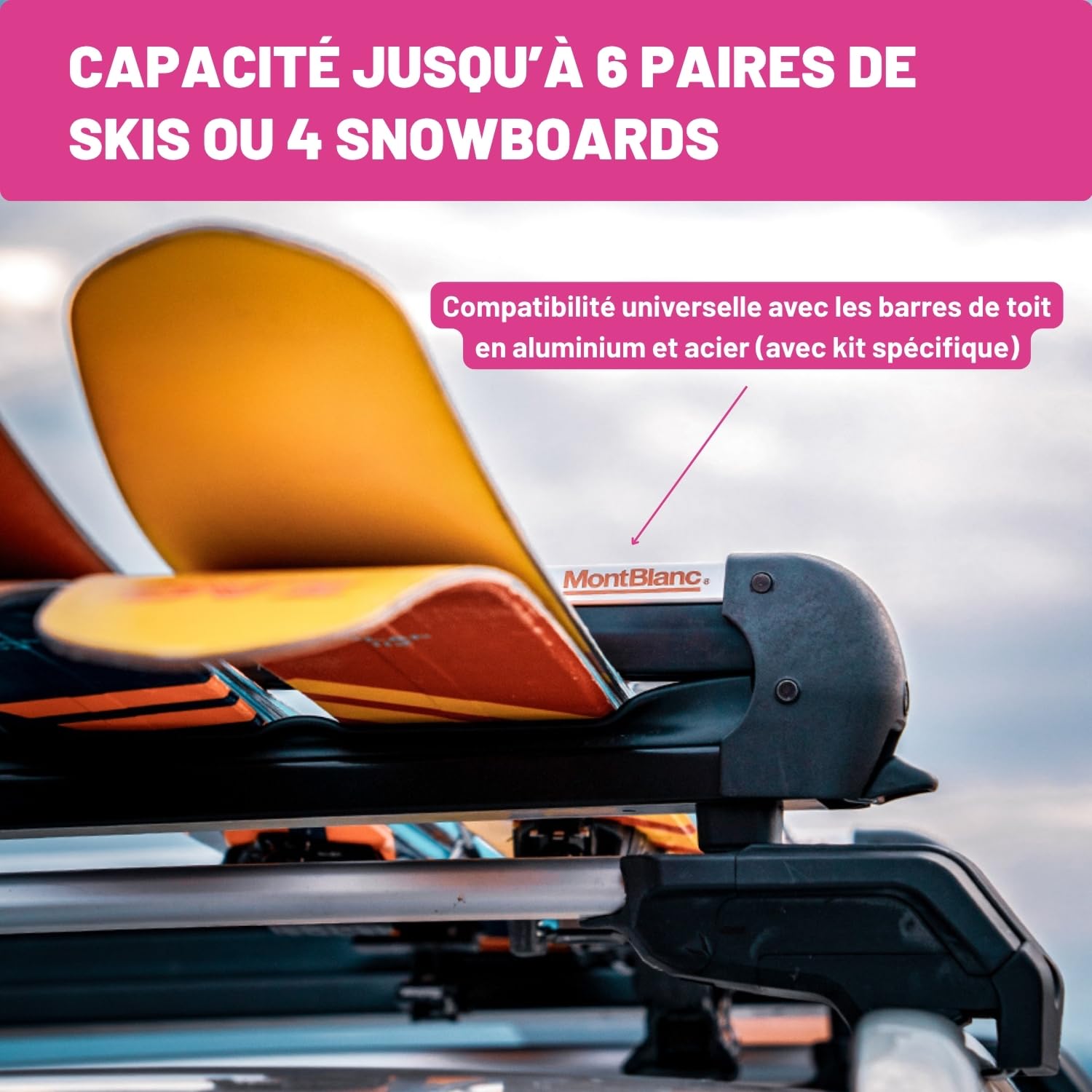 Mont Blanc Porte-Skis Crest sur Barres de Toit - 6 Paires de Skis | Porte-skis sur barres de toit : jusqu'à 6 paires de skis ou 4 snowboards. Verrouillage intégré, norme ISO 11154.