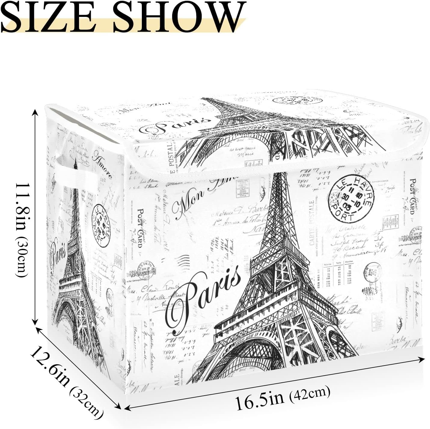 Kigai Paris Eiffel Tower Lidded Home Storage Bins, Foldable Storage Basket with Double Handle, Flip-Top Storage Box for Clothes Documents