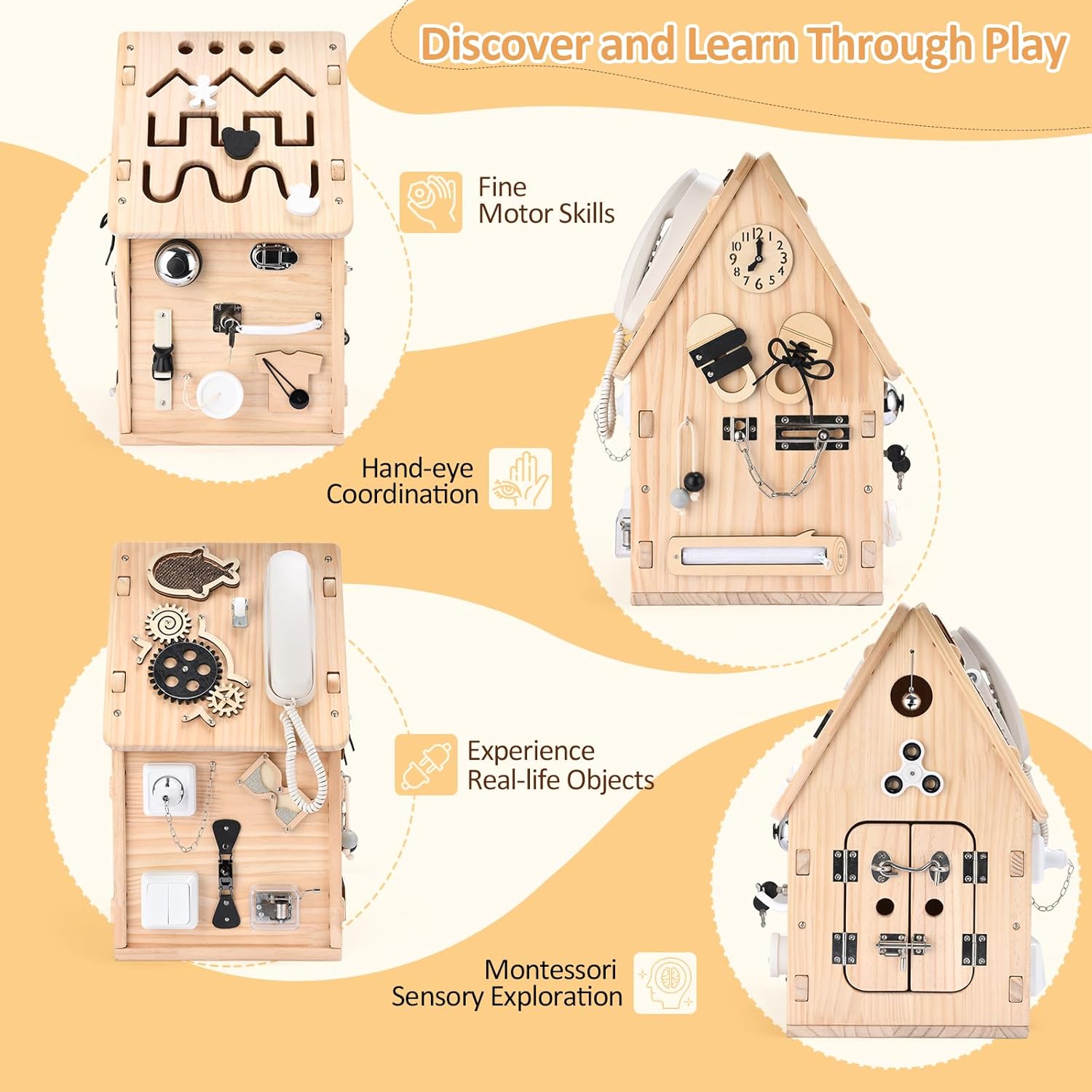 Potatomato Montessori Wooden Busy House - Busy Board Toy for Toddlers - Preschool Learning Educational Toys - Sensory Board for Fine Motor Skills, Gifts for Babys Boys & Girls