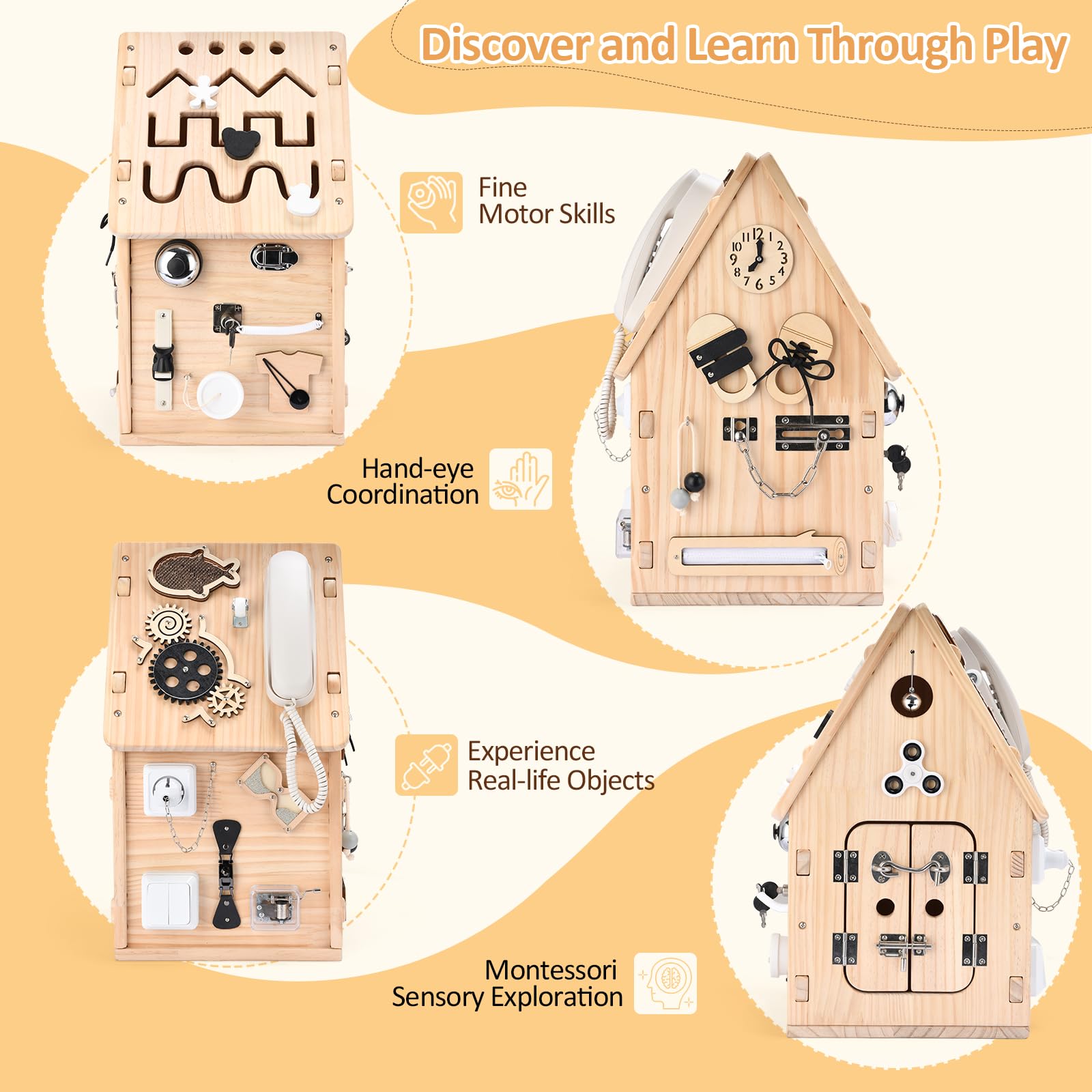 potatomato Casa Busy Montessori in Legno – Gioco con Tavola Motoria per Bambini Piccoli – Giocattolo Educativo per la Scuola Materna – Tavola Sensoriale per Lo Sviluppo della Motricità Fine