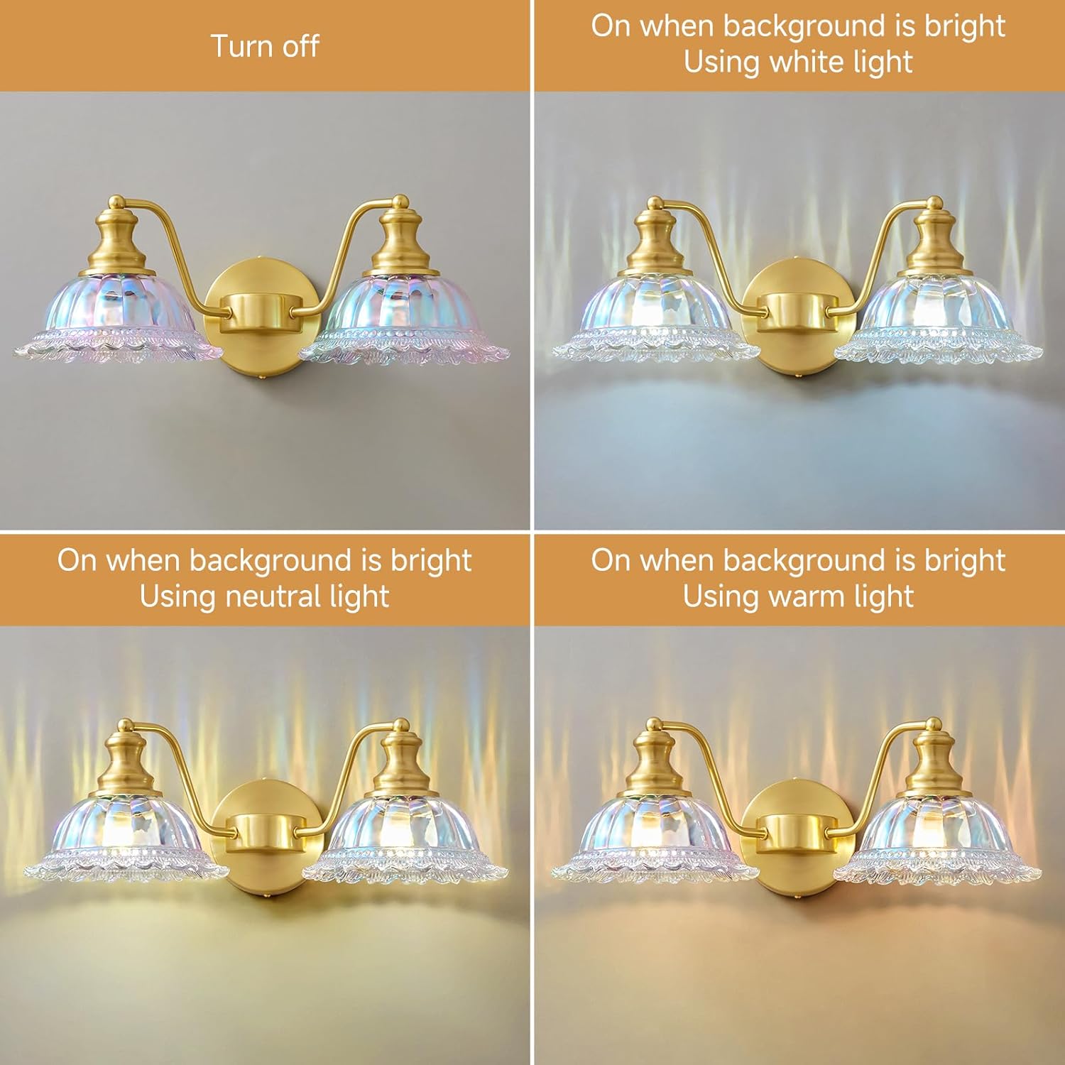 Vintage Bathroom Vanity Light Fixtures - 2 Light Iridescent Glass Art Deco Bathroom Lights Over Mirror,Brushed Gold Restroom Lighting, Mid Century Coastal Vanity Lights for Powder Room Bath Sink