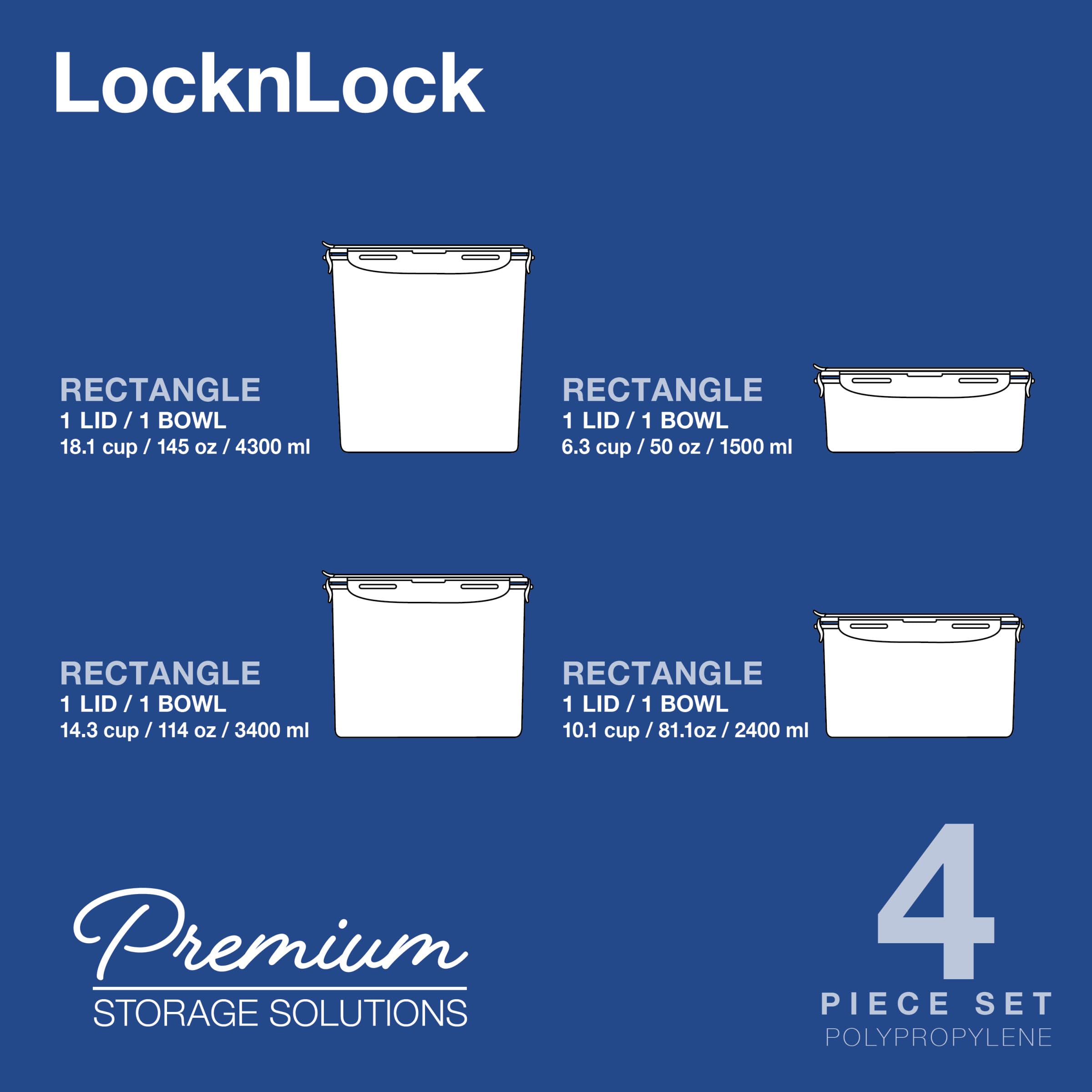 LOCK & LOCK - Contenedor de almacenamiento de alimentos para despensa, rectangular, sin BPA, apto para lavavajillas, juego de 4 piezas (varios tamaños), transparente