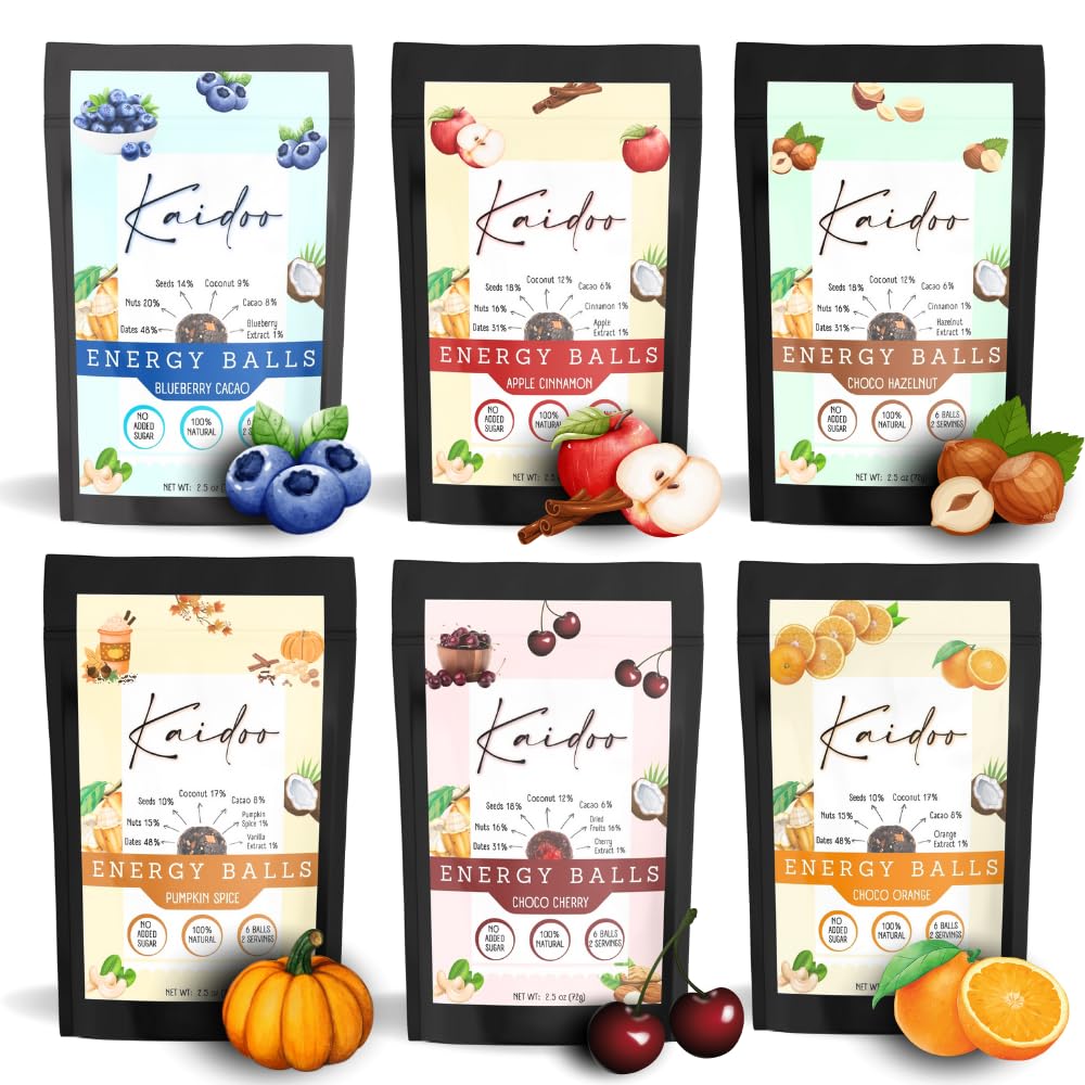 Kaidoo Energy Balls Variety Box - Healthy Snack Bites, 100% Natural, Vegan, Gluten-Free, High Protein, Fiber, No Added Sugar, Dates, Nuts, Seeds, Chocolate - 6 Assorted Packs