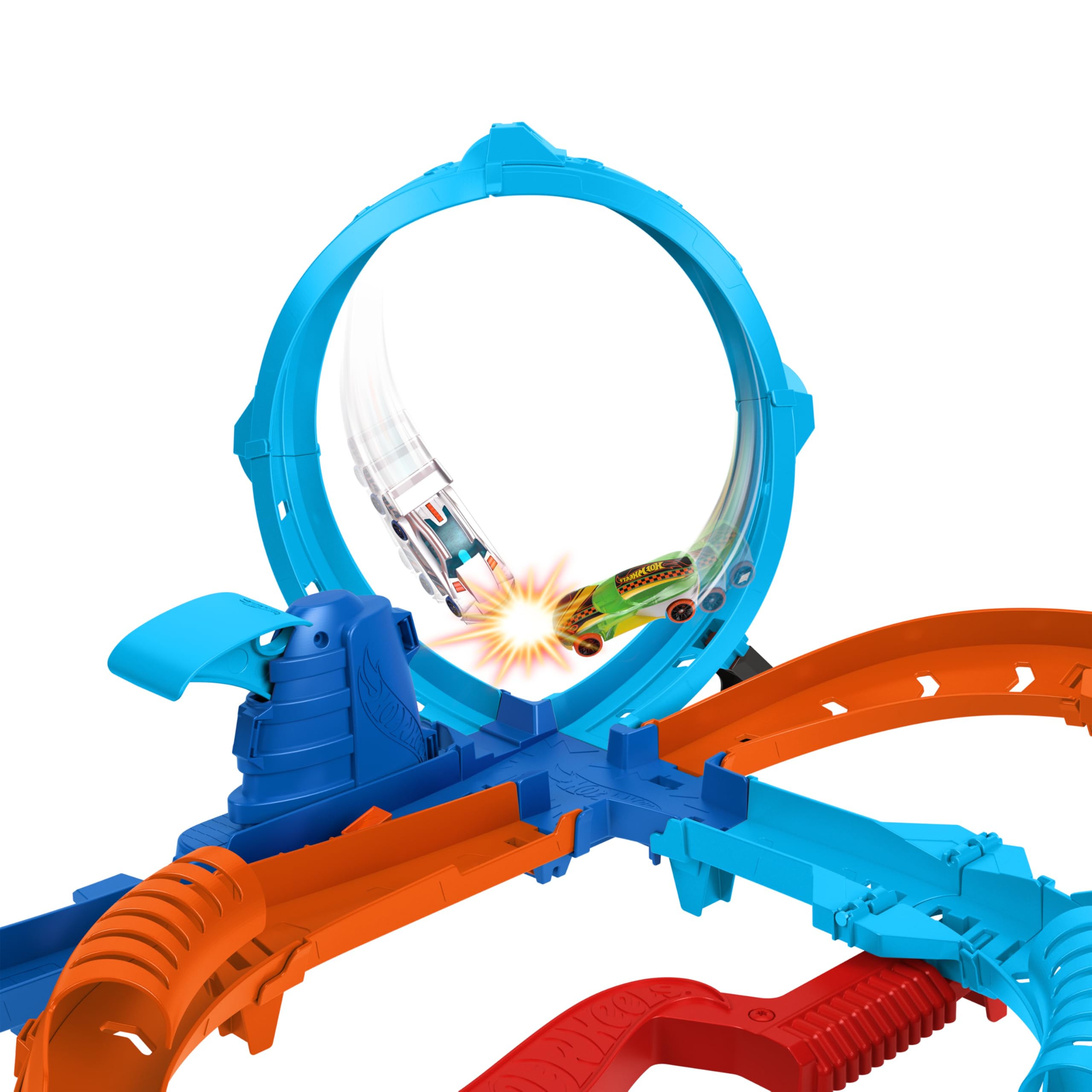 Hot Wheels Coffret Ultra Hots Explosion Propulsion Duel avec 2 véhicules à l’échelle 1/64, course et cascades au coude à coude, 2 lanceurs actionnés par l’enfant, HXR71