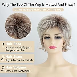 TISHINING Pixie Cut Short Blonde Curly Wigs for White Women Fluffy Layered Dark Brown Ombre Blonde Pixie Wig with Bangs Natural Looking Synthetic Daily Party Wig