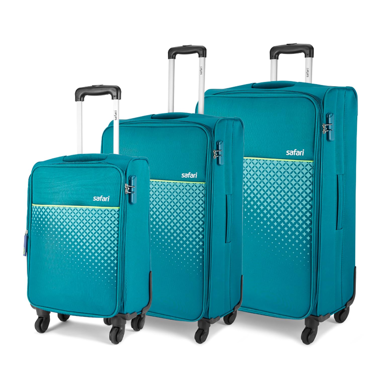 Safari Prisma Neo Set of 3 (Cabin + Medium + Large) Trolley Bags Polyester Expandable Soft Luggage, 4 Wheels 360 Degree Wheeling, Travel Bag, Suitcase for Travel, Trolley Bags for Travel, Teal