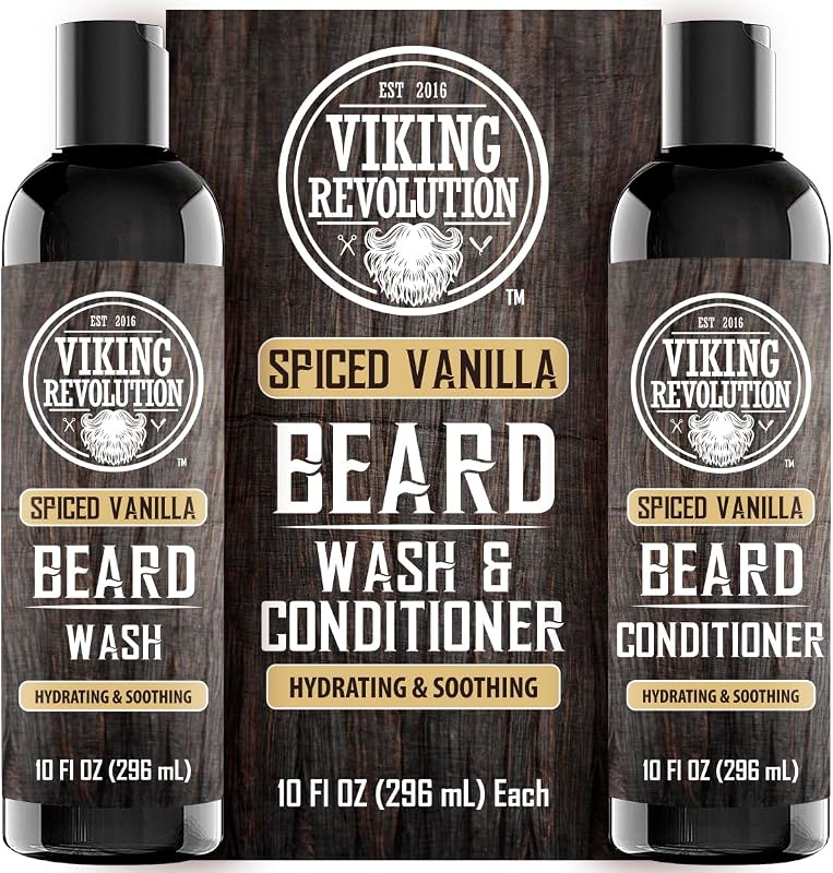 Beard Wash & Conditioner Set - Spiced Vanilla - 10 oz | Formulated with Argan & Jojoba Oils - Softens & Strengthens Beard - Spiced Vanilla Scent
