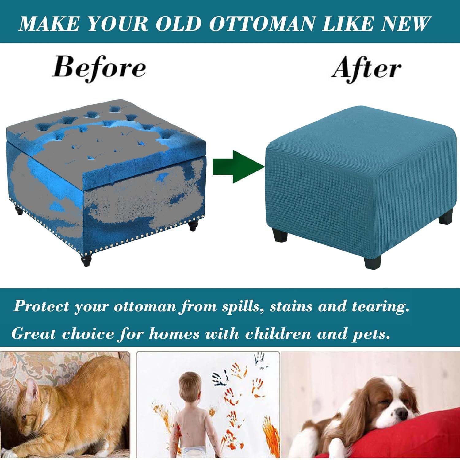 Square Ottoman Cover Velvet Storage Ottoman Lid Covers Slipcover Large Footrest Stool Covers with Elastic Band Stretch Furniture Protector,Navy Blue 1,
