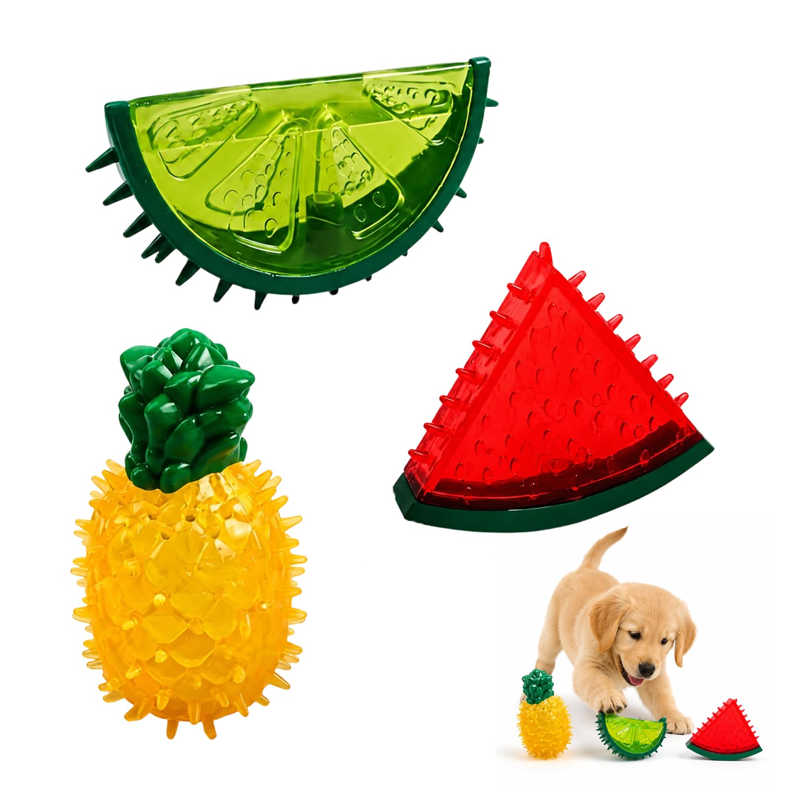 3pcs Freezable Pet Cooling Chew Toys Summer Fruit Pineapple Watermelon Design Bite- Resistant Dog Cooling Chew Toys for Dogs Teething, Dog Chew Toys Cool, Dog Interactive Toys Summer Squeaky Toys