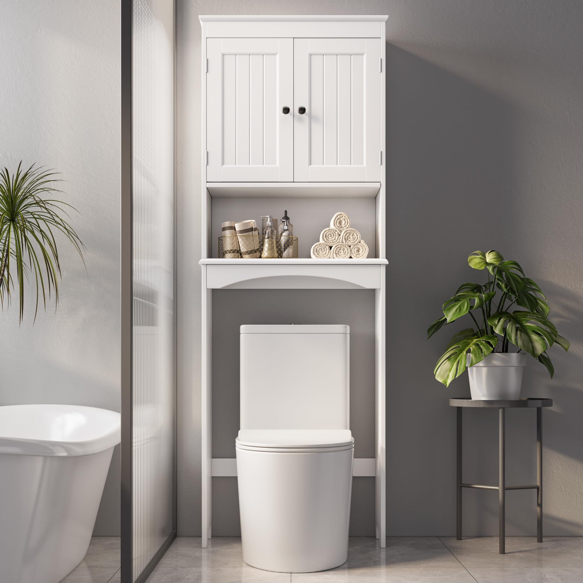 Armadio sopra WC per bagno, scaffale WC bianco con ripiani regolabili, mobile freestanding con ante, struttura robusta, 168 x 60 x 24 cm