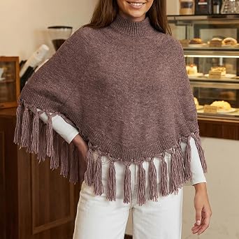 Women Tassel Knit Cropped Poncho Y2K Mock Neck Knitted Fringe Shawls Wraps Sweater Fall Winter Elegant Holiday Cape