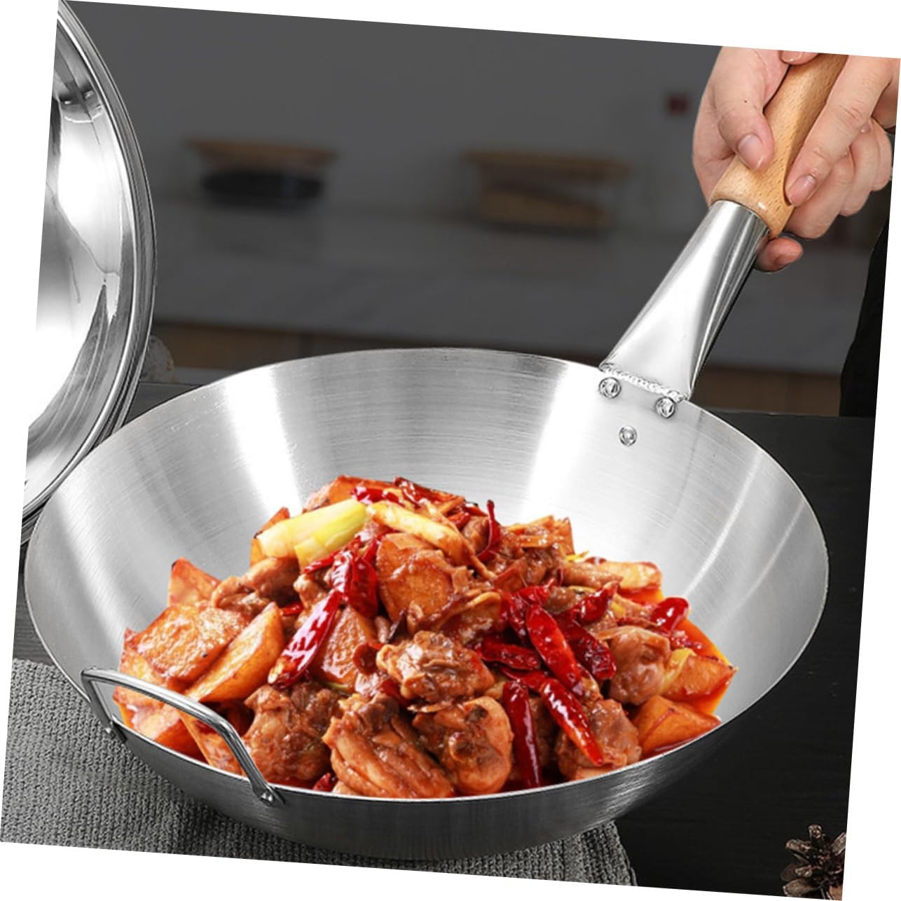 Stainless Steel Wok with Wooden Handle for Stove Cooking Multipurpose Frying Pan for Stir Fry Steam and Hot Pot Metal Cookware with Heat Resistant Handle