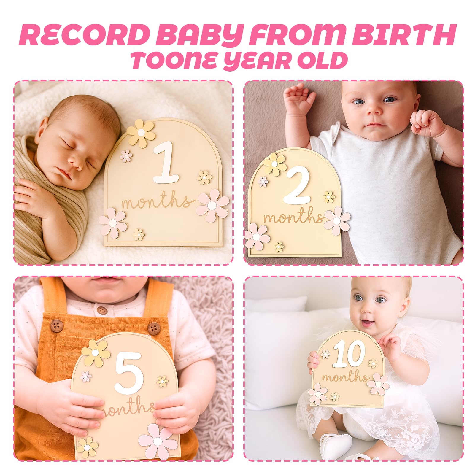 Carte Étape Bébé Bois Carte Mensuelle Bebe Accessoire Photo pour Nourrissons de 0 à 12 Mois Cadeaus Bebe Pour Cadeau Naissance Cadeau Future Parents Baby Shower Enregistrement de Croissance (Style 4)