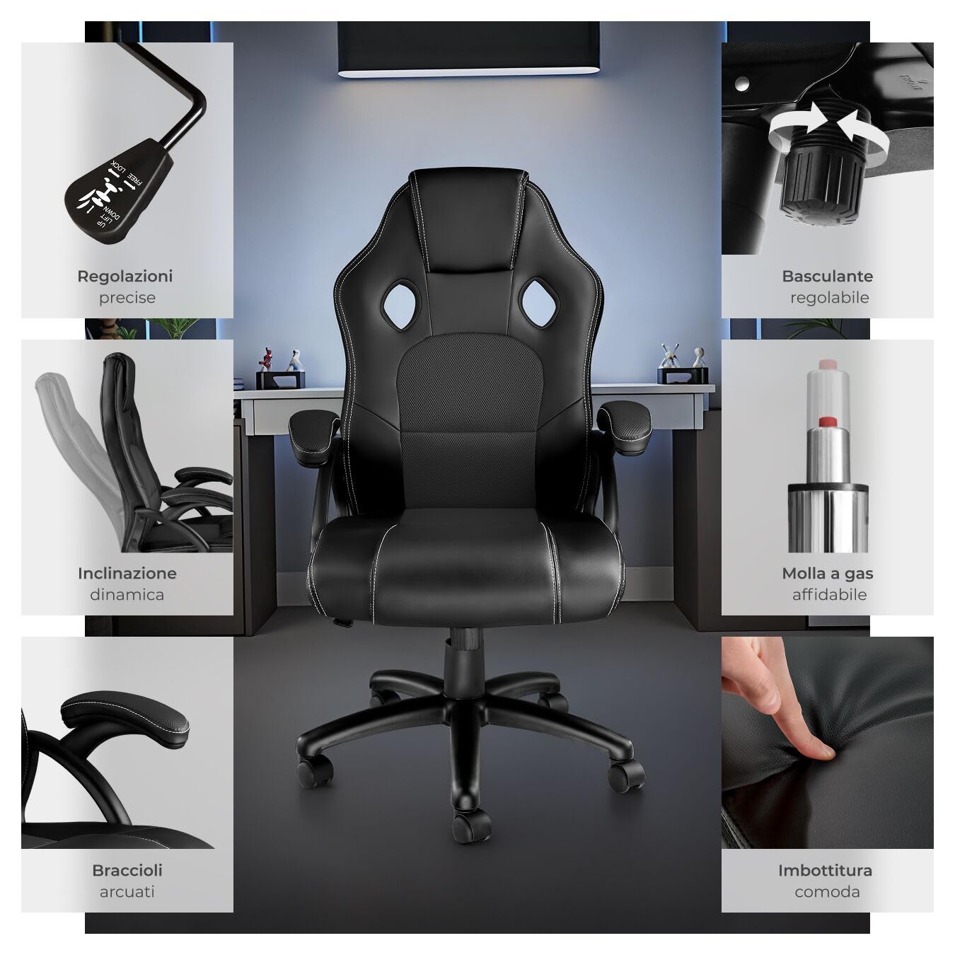 tectake® Sedia Ergonomica da Ufficio, Sedia Gaming con Ruote per Scrivania con Base Robusta e con Imbottitura Spessa, Poltrona Gaming, Adattamento Ottimale - Nero