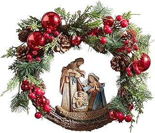 Autom Artificial Greenery Christmas Holy Family Nativity Wreath for Door, 15 Inch