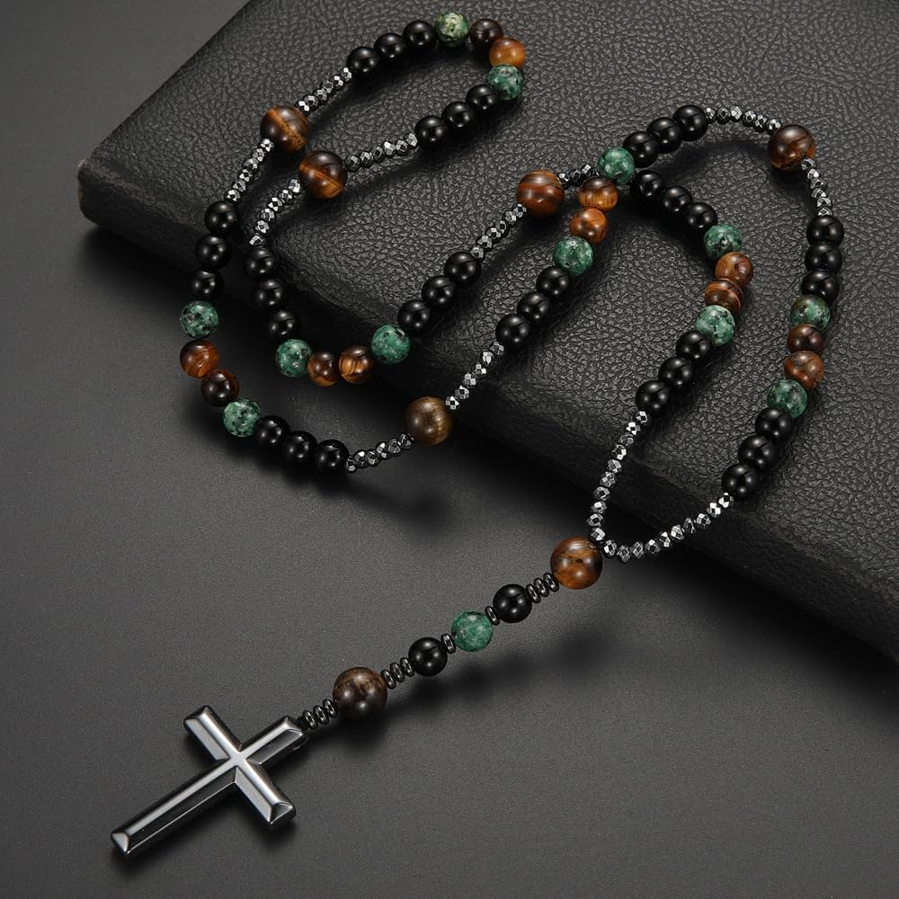 Rosary Black Beads Necklace Saint Benedict Catholic Rosary BeadsMetal Crucifix Cross Christian Gifts with Gift Velvet Bag