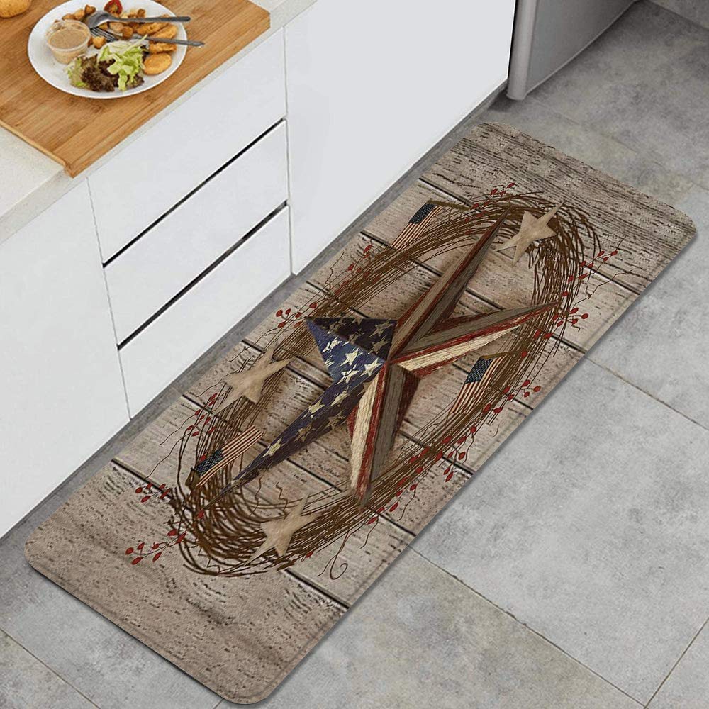 Country Primitive Barn Star Patriotic Barn Star on Country Wooden Board Americana Anti Fatigue Kitchen Mat Comfort Floor Mats Non-Slip Oil Stain Resistant Easy to Clean Kitchen Rug