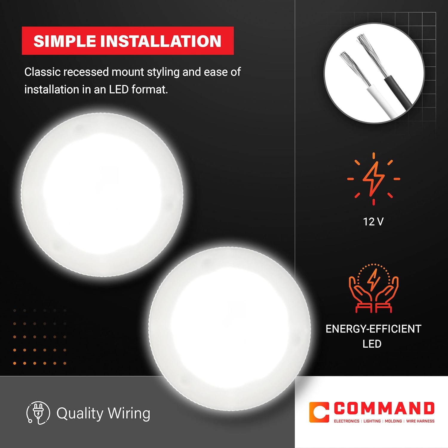 Command Electronics OEM LED RV Ceiling & Under-Cabinet Light - Made in USA - Recessed Mount for Easy Installation - Durable Design - Hardware & Connectors Included | 3.1" Diameter - White (2 Pack)