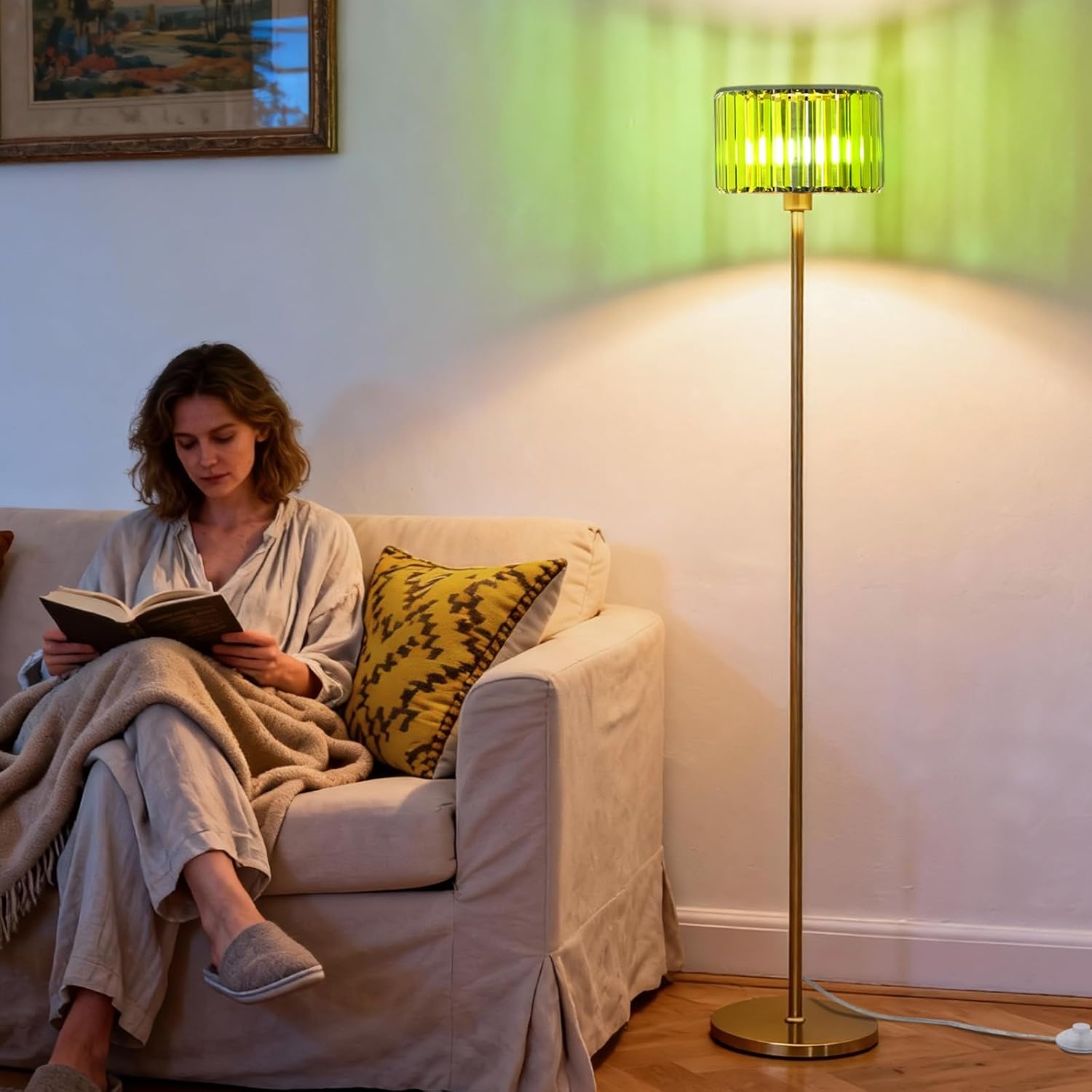 Gold Floor Lamp for Living Room, Vintage Standing Lamp, Mid Century Tall Lamp with Elegant Green Crystal Shade, On/Off Foot Switch, Classic Pole Lamp for Bedroom Office Corner Reading