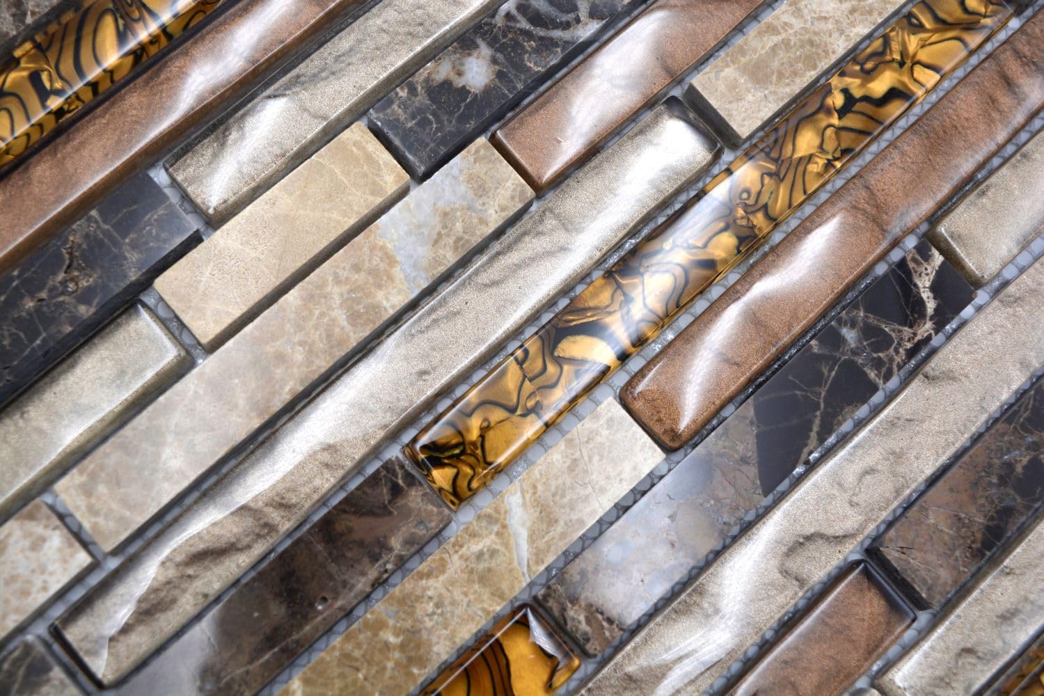 Glasmosaik Verbund Crystal/Marmor mix beige/braun Naturstein Fliesenspiegel, Mosaikstein Format: 15x48/98/148x8 mm, Mattengröße: 298x338 mm, 10 Matten