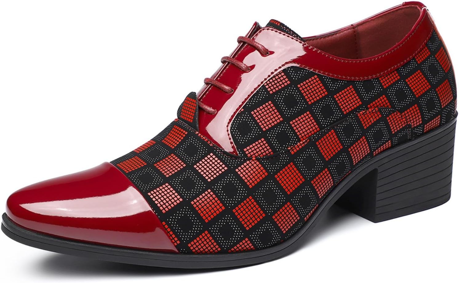 Men's Patterned Patent Leather Lace Up Chunky Heel Dress Oxford Shoes Comfortable Patckwork Cap Pointed Toe Derby Shoes for Party Wedding Formal Event Office Business Work