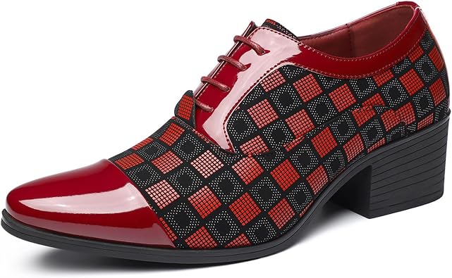 Mens Patterned Patent Leather Lace Up Chunky Heel Dress Oxford Shoes Comfortable Patckwork Cap Pointed Toe Derby Shoes for Party Wedding Formal Event Office Business Work