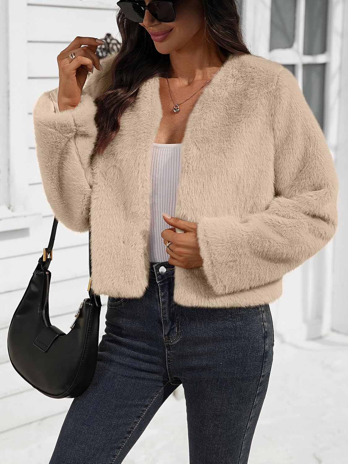 Women's Faux Fur Cropped Jacket Crew Neck Long Sleeve Oversized Shrugs for Dresses Fluffy Coats Pocket Winter - Image 2