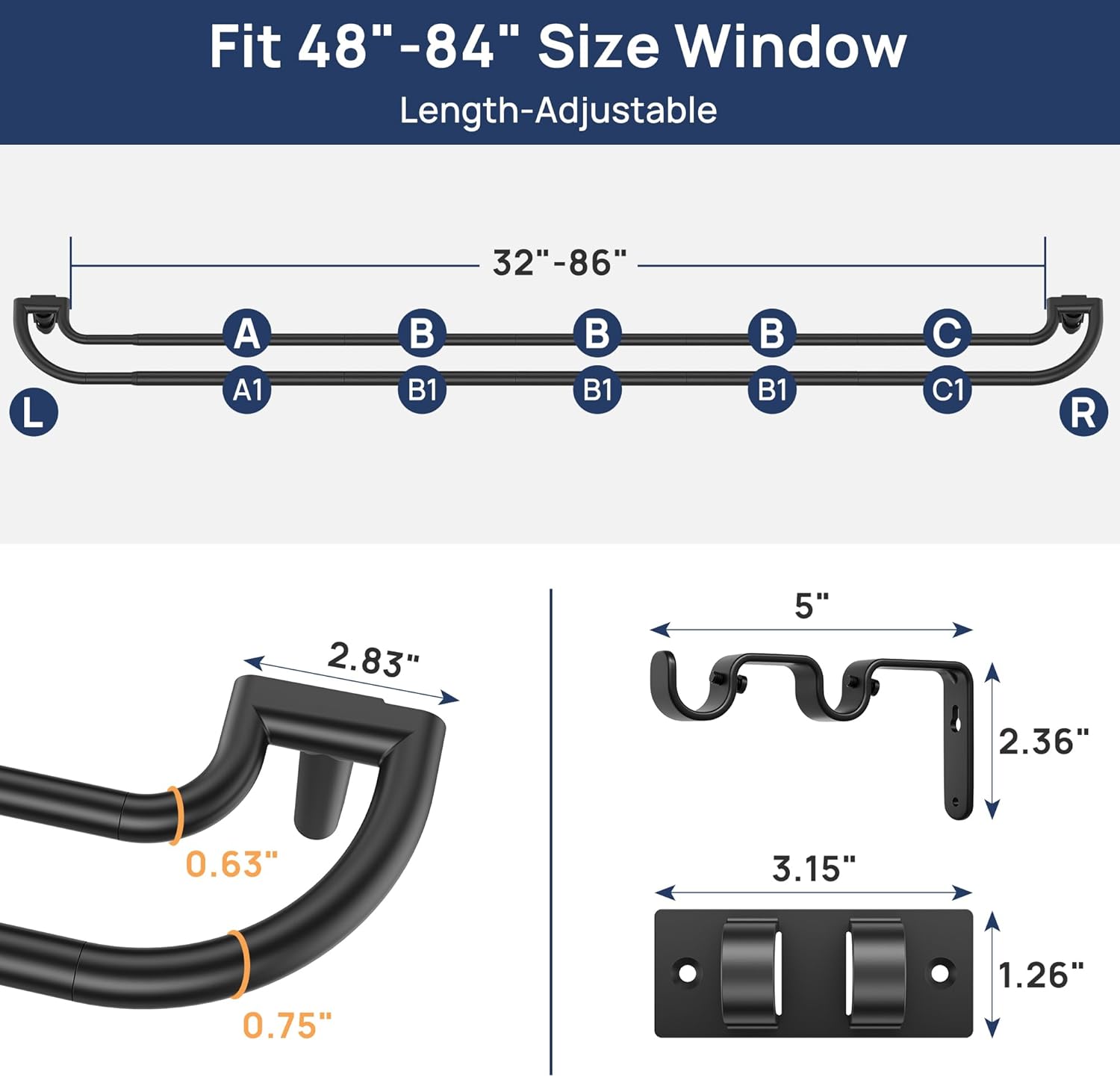 ENJOYBASICS Double Curtain Rod，Blackout Wrap-Around Curtain Rods for Windows 48 to 84 Inch，Adjustable from 32 to 86 Inch for Room Darkening Curtains, Matte Black