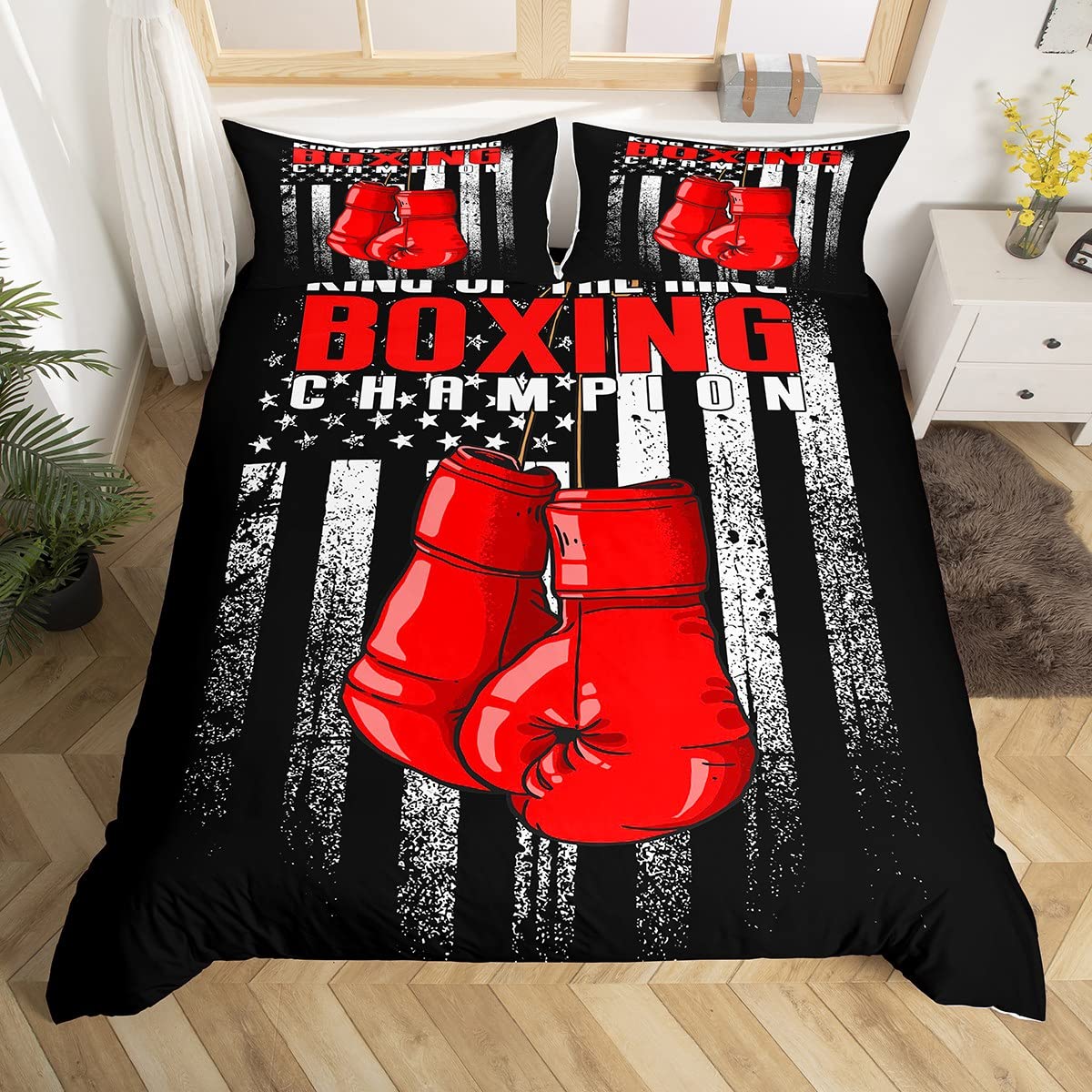 Boxing Duvet Cover Set Single Size, Red Boxing Gloves Bedding Set 2pcs for Kids Boys Teens Bedroom Decor, American Flag Comforter Cover White Stars Stripe Print Quilt Cover with 1 Pillowcase