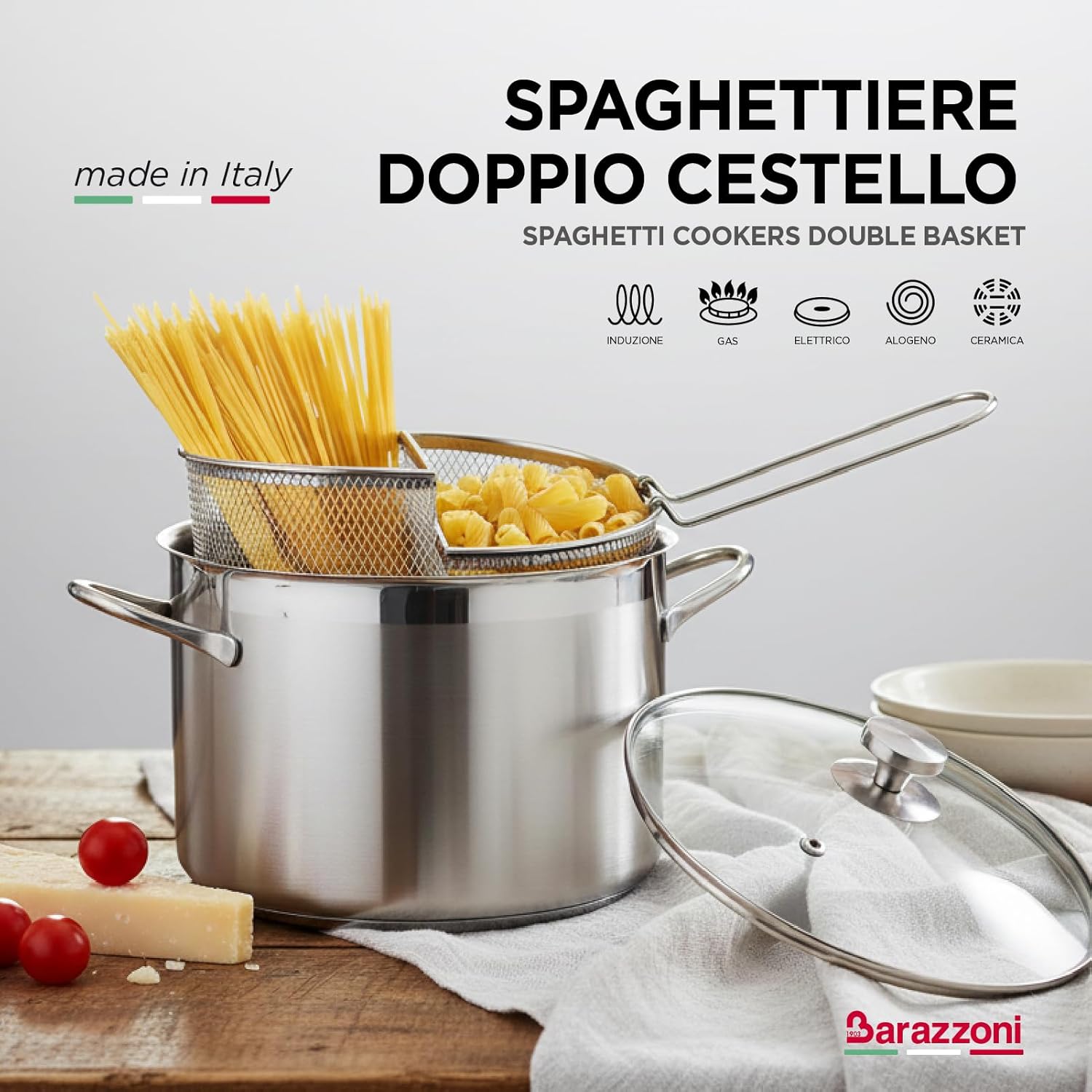 Barazzoni 421049524 Two-Handled Pot, Stainless Steel, Diameter 9.4 x Height 7.0 inches (24 x 17.7 cm), Pasta & Vegetable, Double Cooker