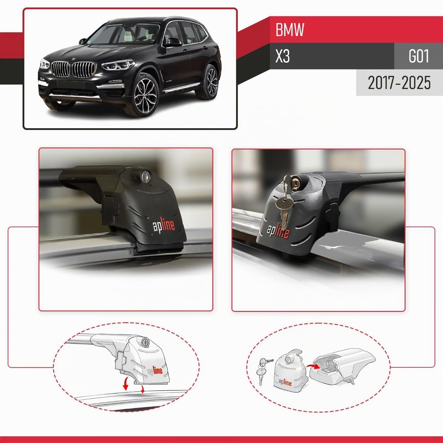 Kompatibel mit BMW X3 (G01) 2017-2025 ACE-2 Modell Relingträger Dachträger Auto Gepäckträger Schwarz Aluminium 2 Stangen
