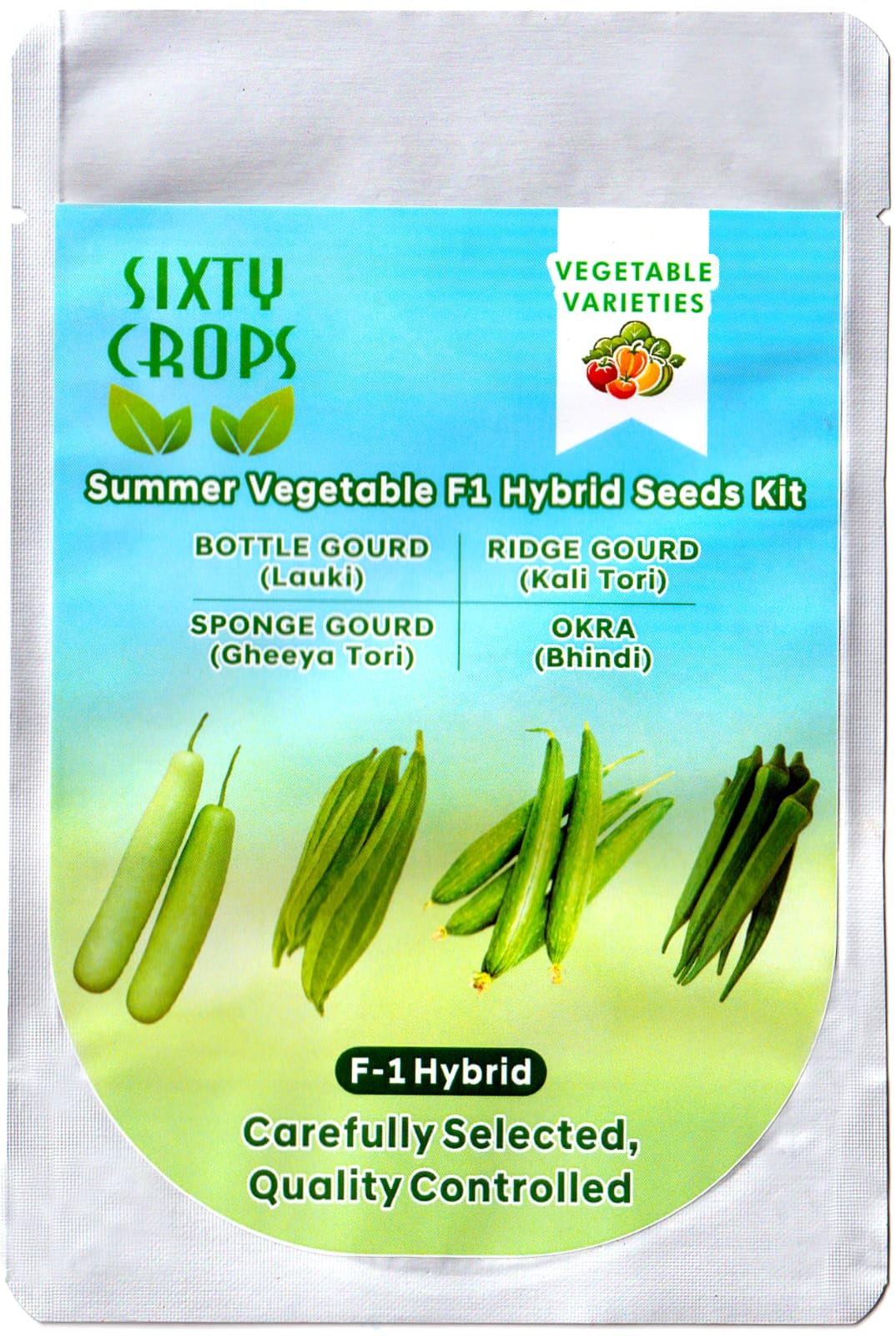 Sixty Crops Summer Vegetable (Approx. 50 seeds) F1 Hybrid Seeds Kit | Lauki, Kali Tori, Gheeya Tori & Bhindi Seeds | High Yield Kitchen Garden Seeds