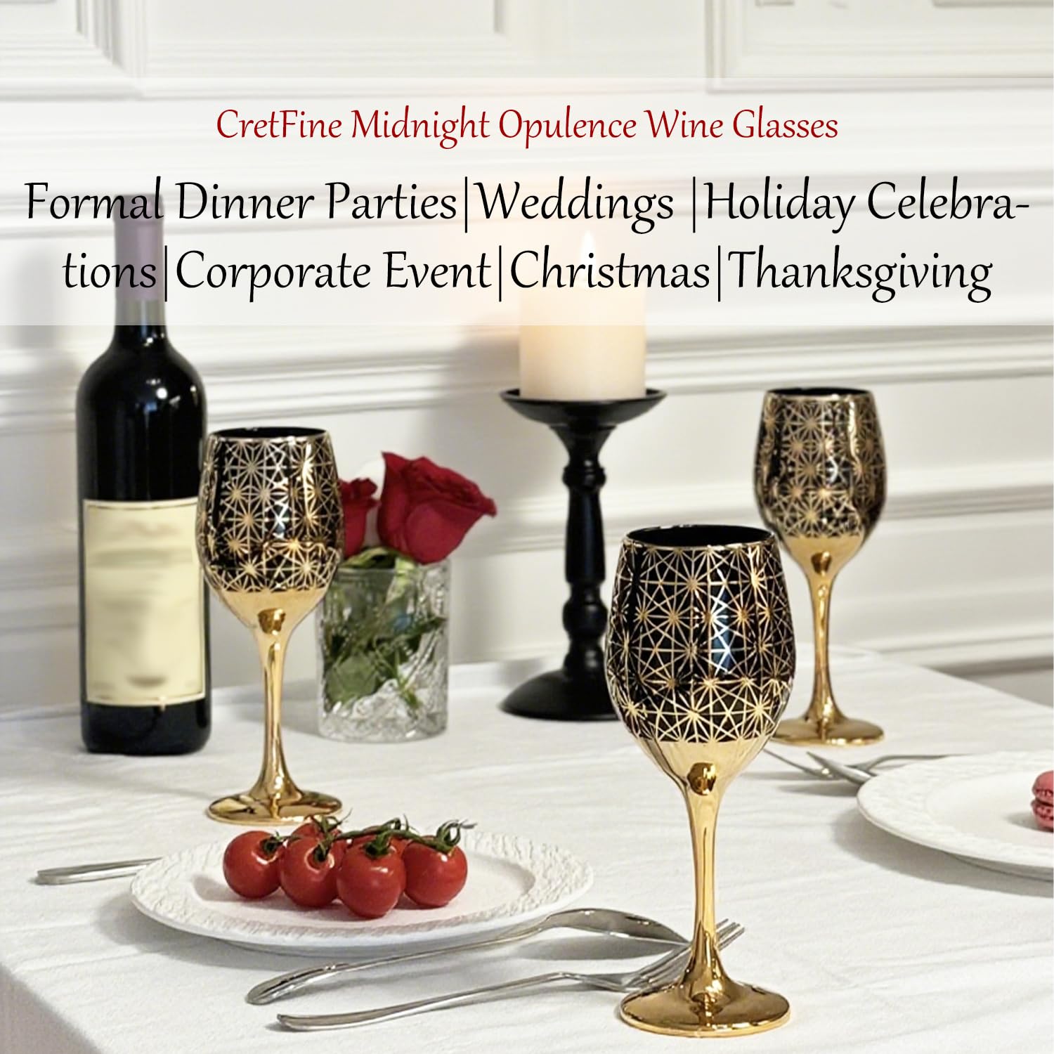 Weingläser Set (Schwarz/Rot/Blau mit Gold) – Dekorative Becher mit Farbstiel & Rand, 355ml (12oz) – Ideal als Geschenk für Hochzeit, Thanksgiving, Geburtstag, Weihnachten (6, Schwarz, 350ml)