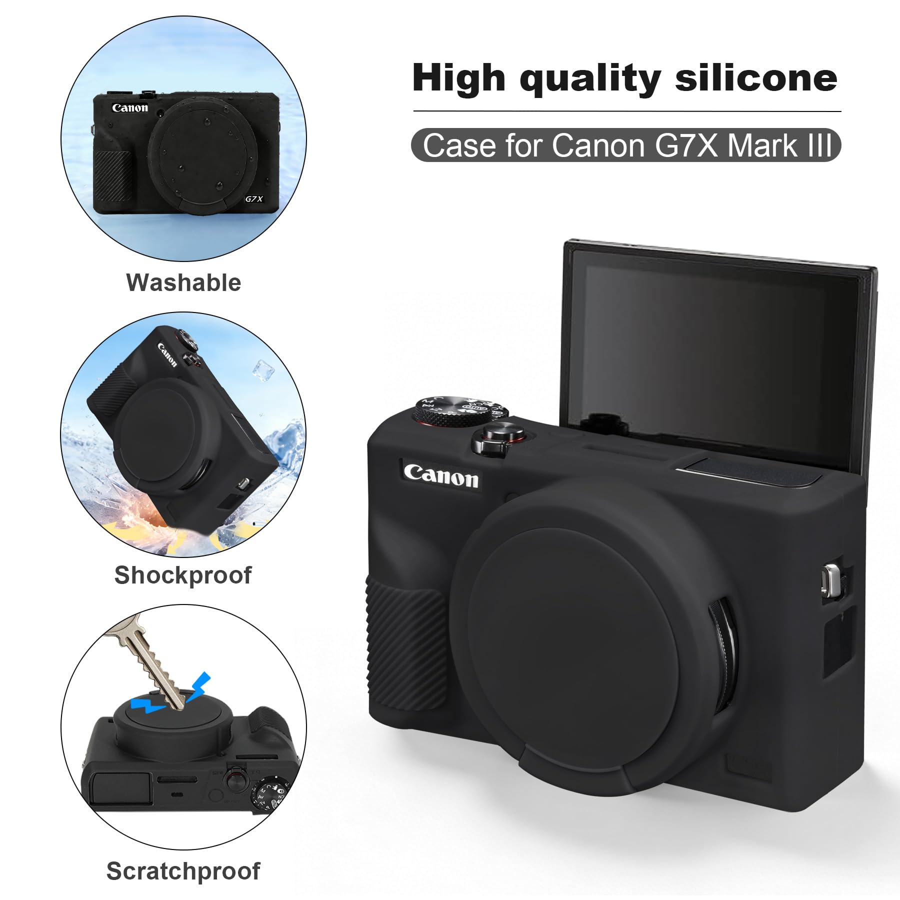 BOVKE Hartschalenkoffer + Silikonhülle für Canon Powershot G7 X Mark III Digitalkamera, Stoßfeste Eva-Aufbewahrungstasche mit Weicher Silikon-Schutzhülle, Abnehmbarer Objektivabdeckung, Schwarz