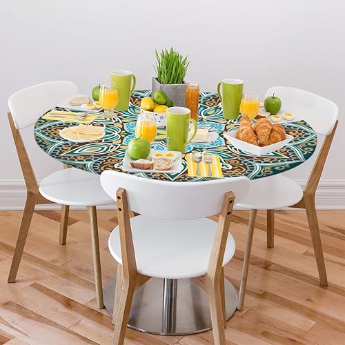 Miniatura 8 de Mantel de cocina redondo con diseño de mandala, color verde, con borde elástico, resistente a las manchas, a las arrugas, lavable, poliéster, 40-44