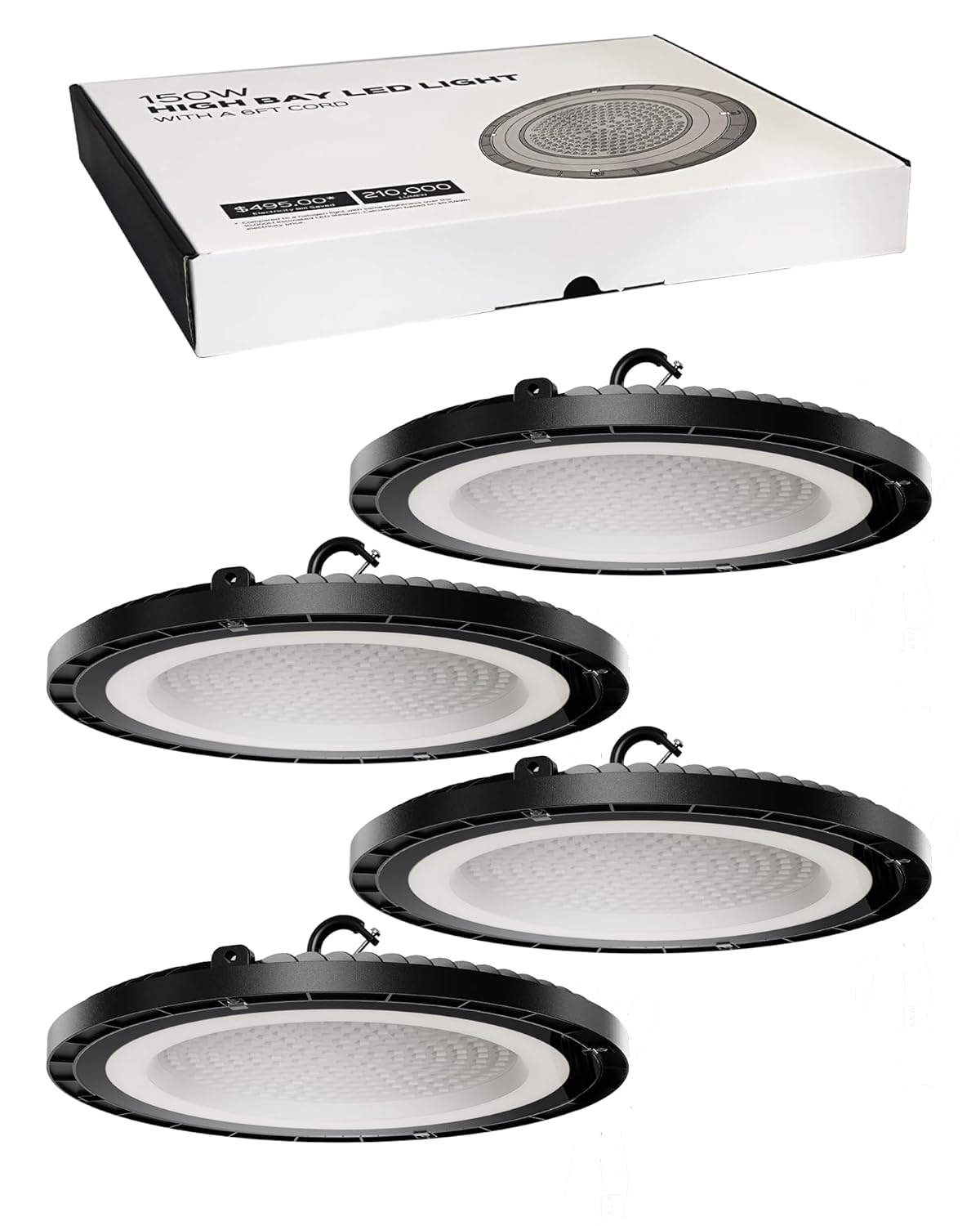 JACKYLED LED High Bay Light 150W Garage Light, 21,000LM 5000K with US Plug Shop Light，UFO High Bay Light with 6ft Cable for Gym Workshop Factory Warehouse Barn (Pack of 4)