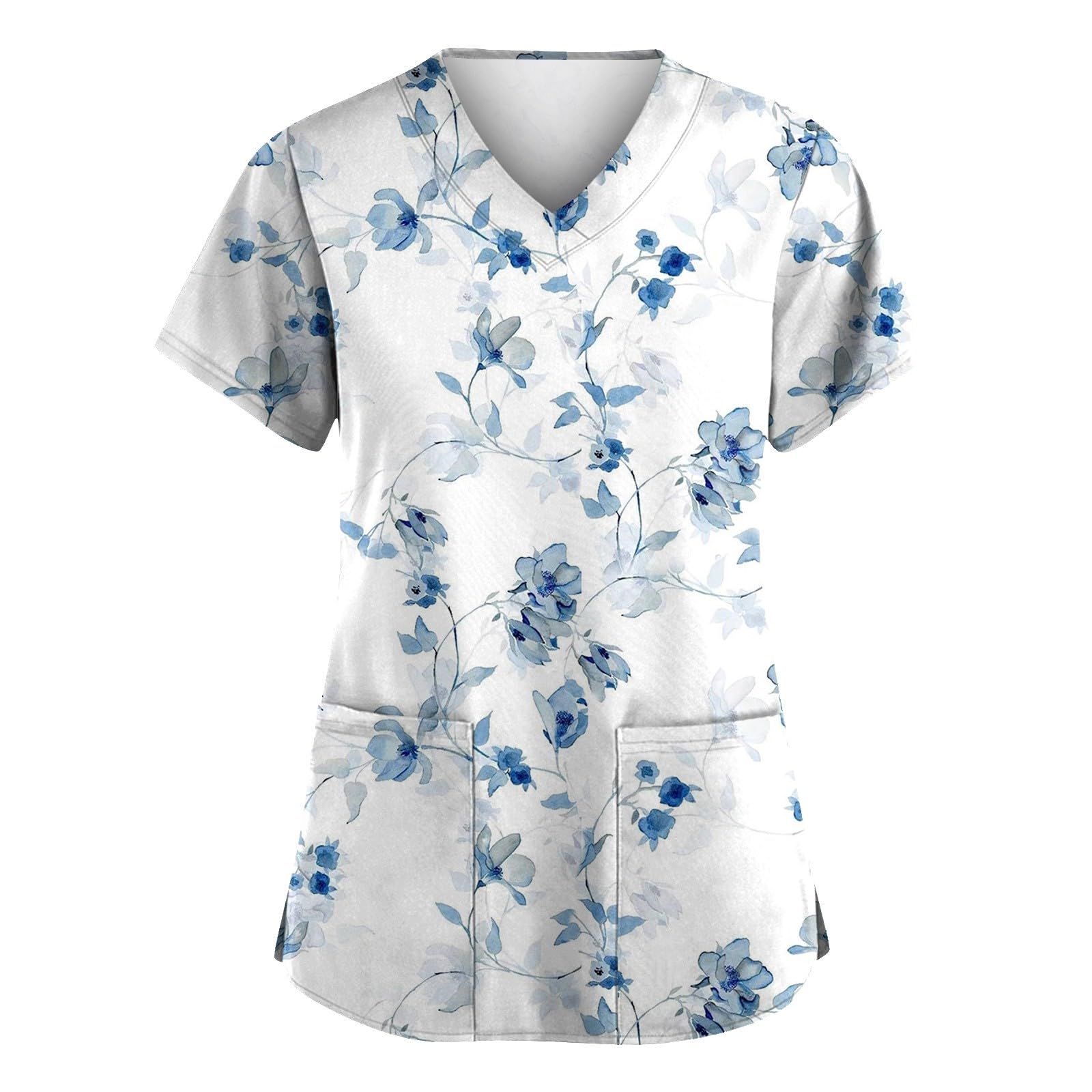 Womens V Neck Printed Scrub Tops Plus Size Medical Nursing Tops Scrubs with Pocket S-5XL