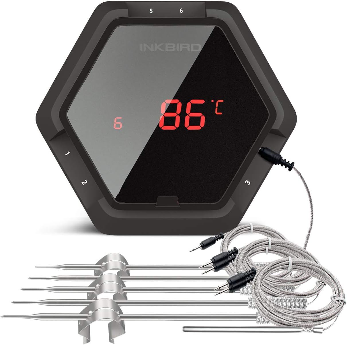Inkbird IBT-6X Digital Wireless Bluetooth 4.0 Meat Thermometer BBQ Grill Temperature Monitor with Alarm fit Grill Cook Kitchen In-Oven Roast, UP to 6 Sensors (IBT-6X Thermometer+6 Temp Probes, Black)