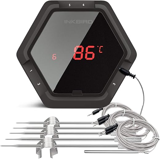 Inkbird Bluetooth Thermometer Grill mit 6 Fühler Magnet für Küche Essen Smoker BBQ Kochen Thermometer iPhone Android Smartphone(IBT-6XS, Schwarz)