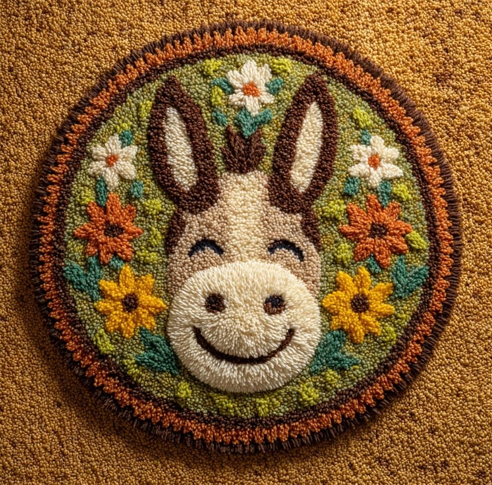 kitphoenix Round DIY Latch Hook Rug Kits Donkey in The Meadow 20X20Inch (50X50Cm) Easy for Beginners Round Carpet Crochet Yarn Craft Large Rug Hook and Latch Tapestry for Home Decor
