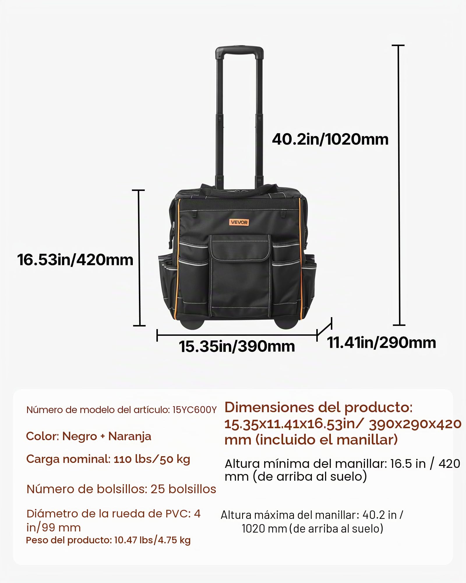 VEVOR Mochila con Ruedas de 39 x 29 x 42 cm Capacidad de Carga de 50 kg, Mochila de Herramientas Resistente con 25 Bolsillos, Asa Telescópica Ajustable y Base Estable para Construcción y Mecánico